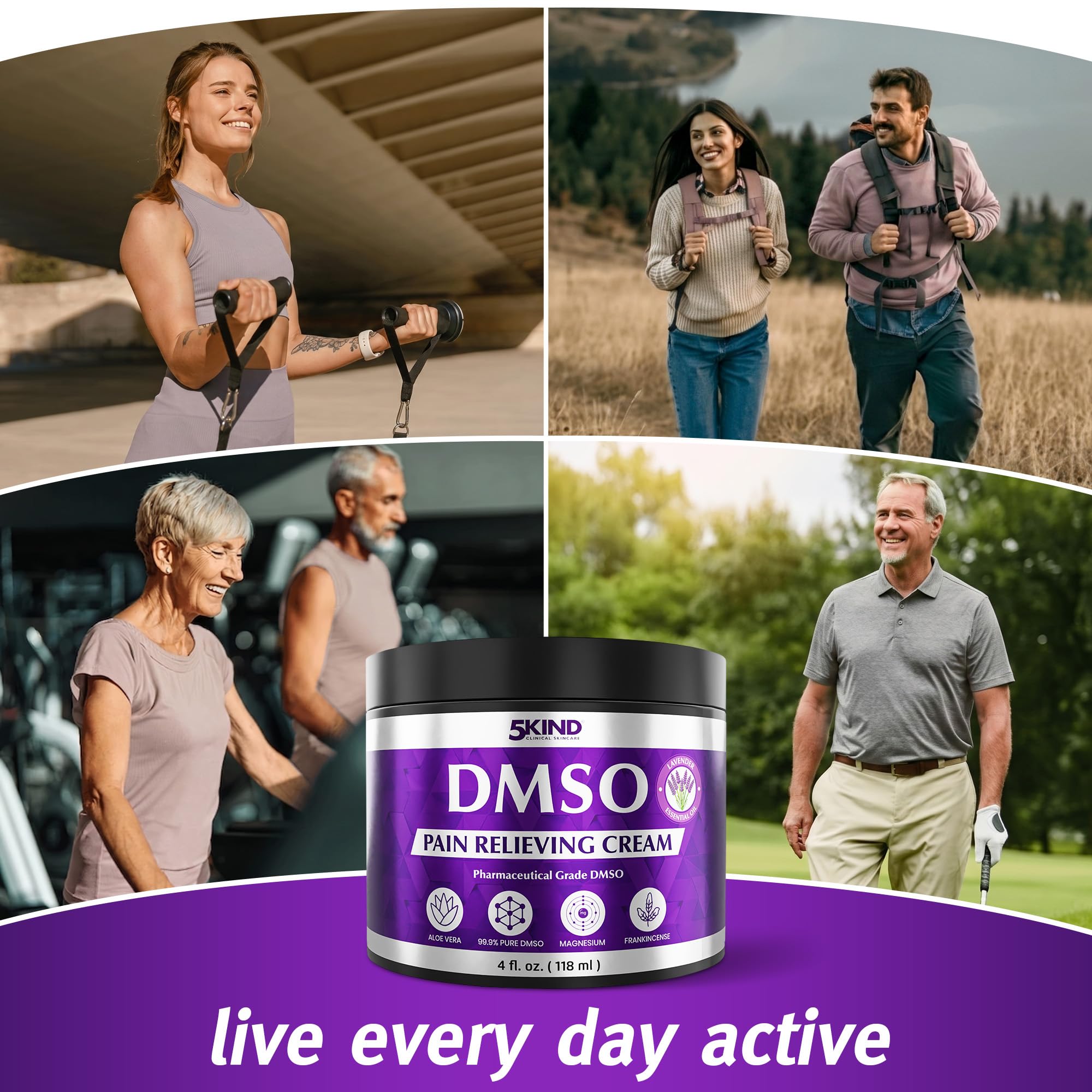 5Kind DMSO Cream for Pain Relief with Frankincense & Lavender 4 fl oz - 99.9% Pure DMSO Pharmaceutical Grade Cream - Aloe Vera, Magnesium & Arnica - Topical Muscle and Joint Pain Relief - Made in USA — Amazon image 4