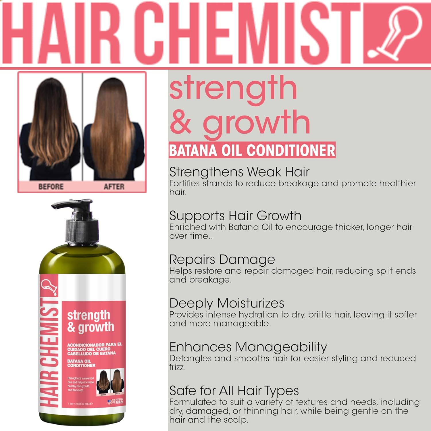 Hair Chemist Strength & Growth Batana Oil Conditioner 33.8 oz. - Strengthening, Moisturizing Conditioner with Batana Oil for Hair Growth - Image 5