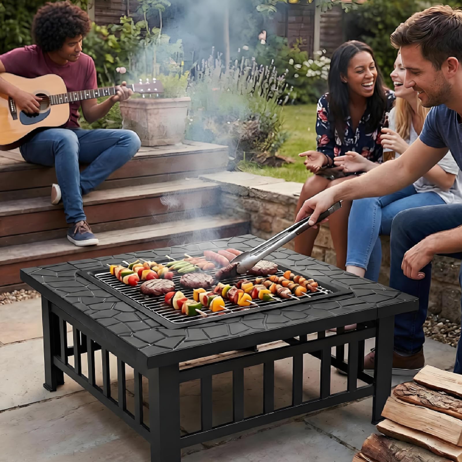 TLSUNNY Brasero Exterior Jardín 3 en 1, Metal Fire Pit con Protector | Brasero Cuadrado, Pozo de Fuego con Cubierta Impermeable, para Calefacción, Terraza,Barbacoa, Camping, 4 Pata, 81 x 81x 45 cm