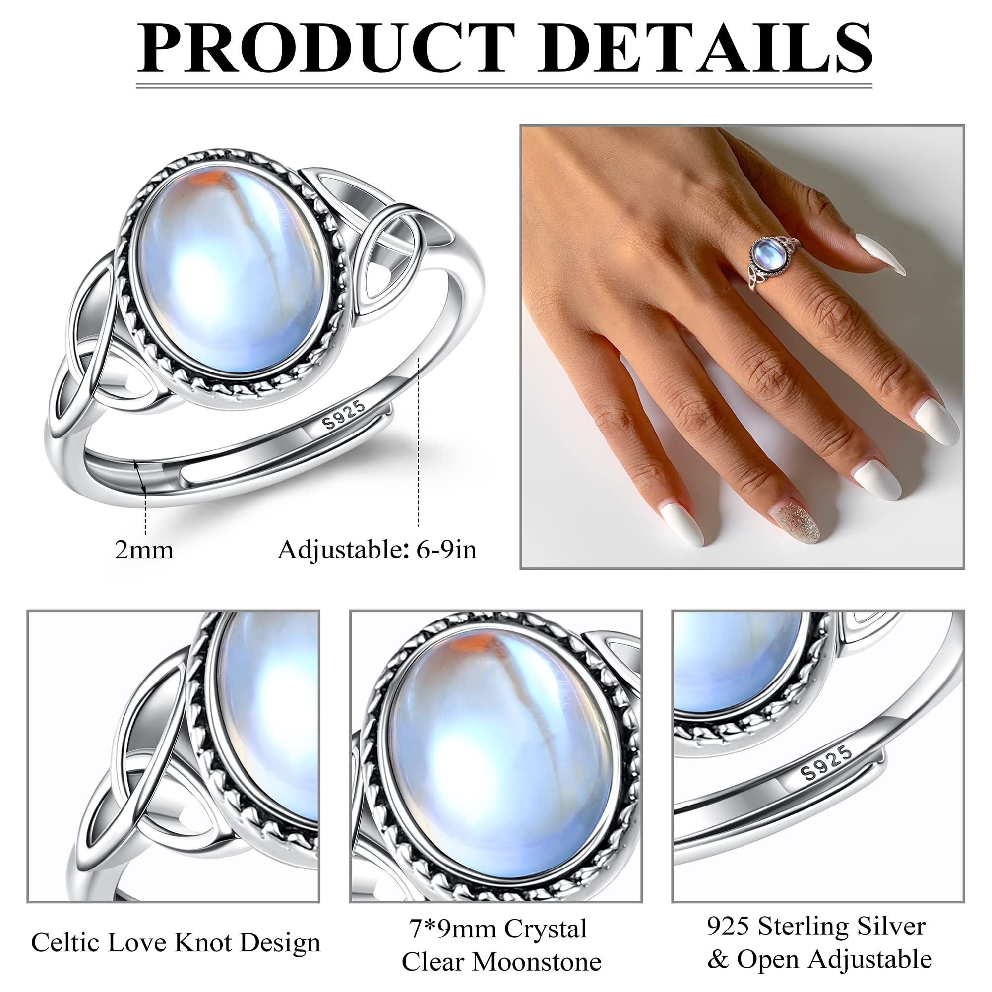 MILACOLATO Silber 925 Damen Mondstein Ring Verstellbar - Vintage Keltisches Dreieck Zirkonia Schmuck - Oval Rund Herz Edelstein - Für Frauen Mit Geschenkbox