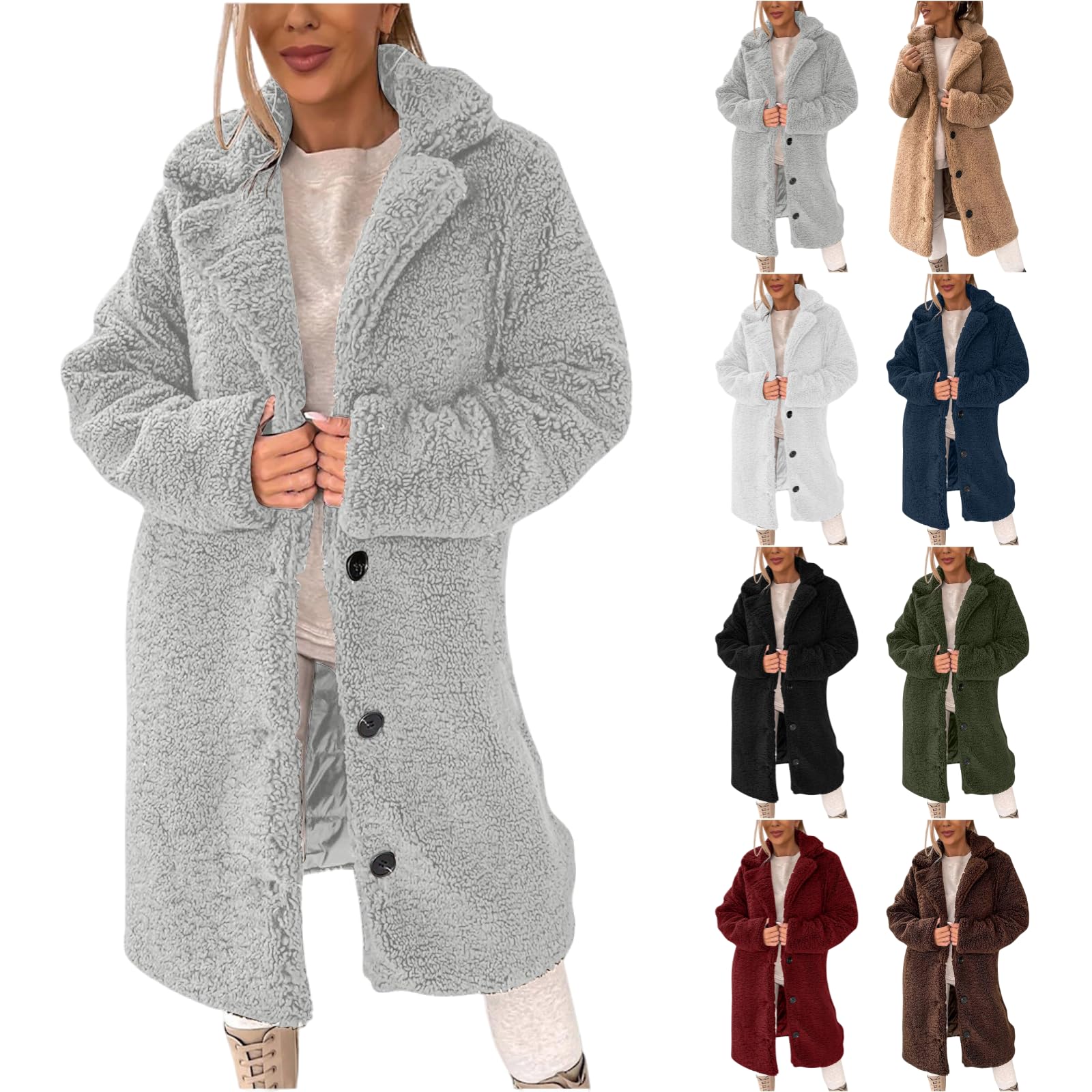 Trench Coat Women Fuzzy Fleece Long Jacket Single Breasted Fur Sherpa Coat Casual Winter Lapel Warm Peacoat Outerwear