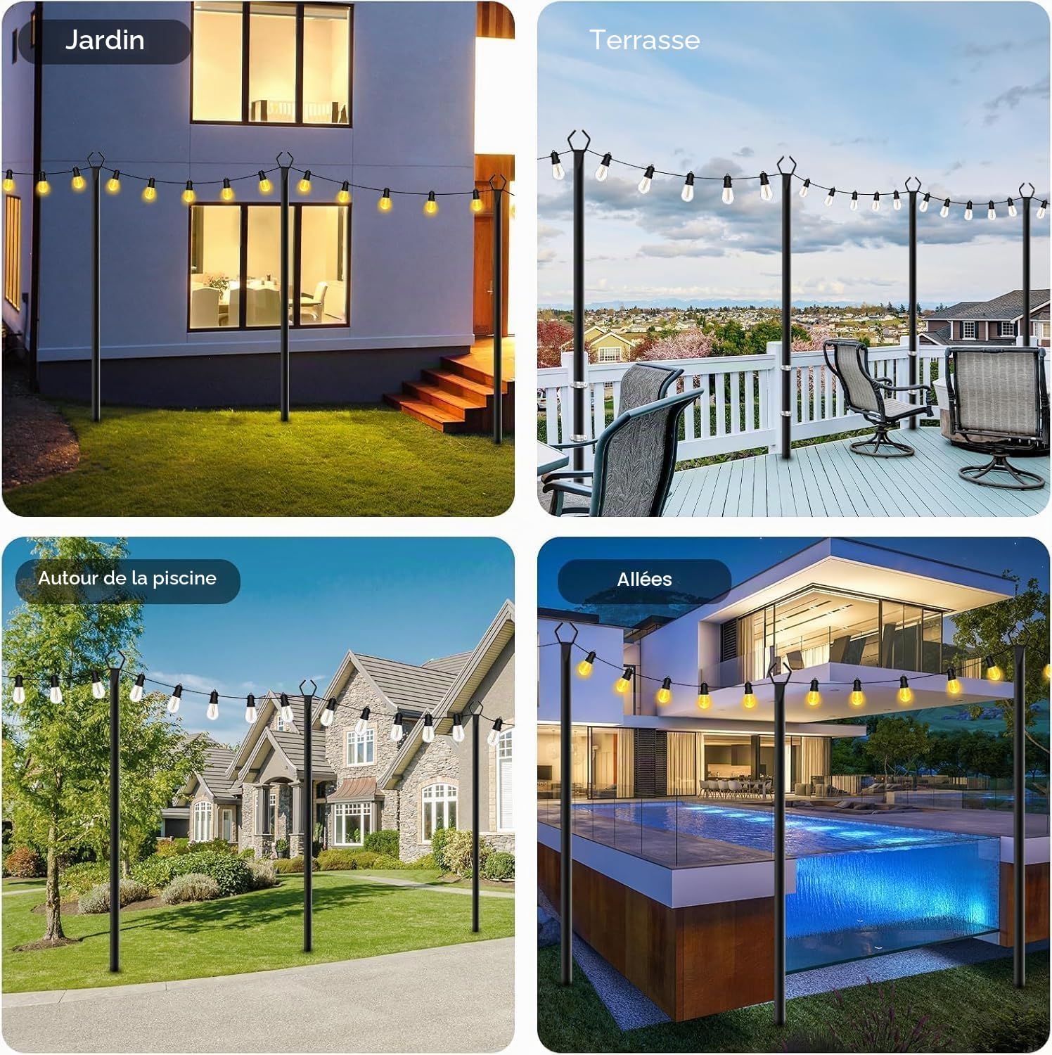 Lot de 4 barres lumineuses en métal de 2,99 m avec fourche, pour extérieur, poteaux, poteaux, stands pour extérieur, patio, terrasse, jardin, mariage, fête (4 pièces)