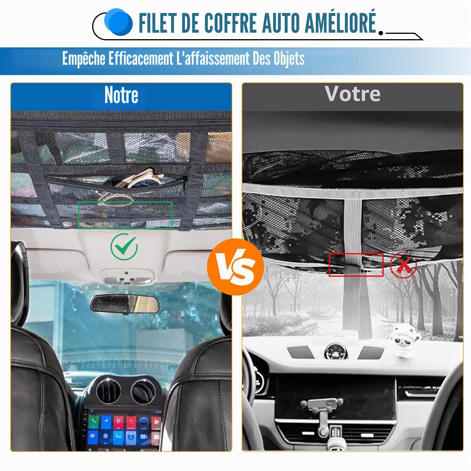 Filet à bagages pour voiture, 90x65cm Filet de toit pour voiture à l'intérieur et filet de siège gratuit, renforcement en forme de X, filet de rangement pour camping-car, SUV, fourgon, Jeeps
