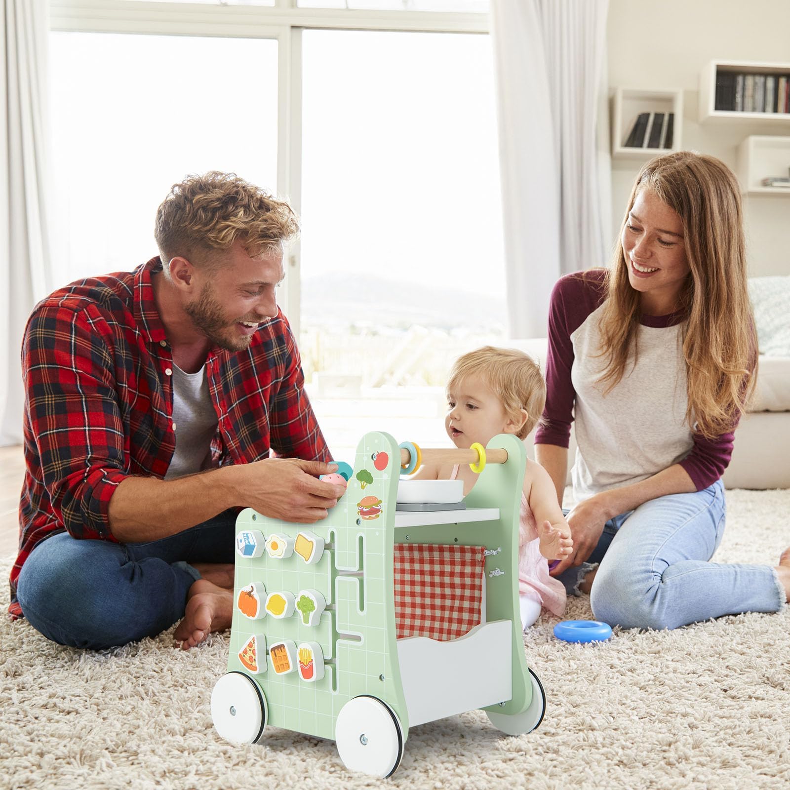 FANTASK Passeggino 6 in 1 in legno, con cucine da gioco, orologio educativo, regolazione della forma e cursore mobile, cucina per bambini Baby Walker con ruote per bambini a partire da 1 anno (verde)