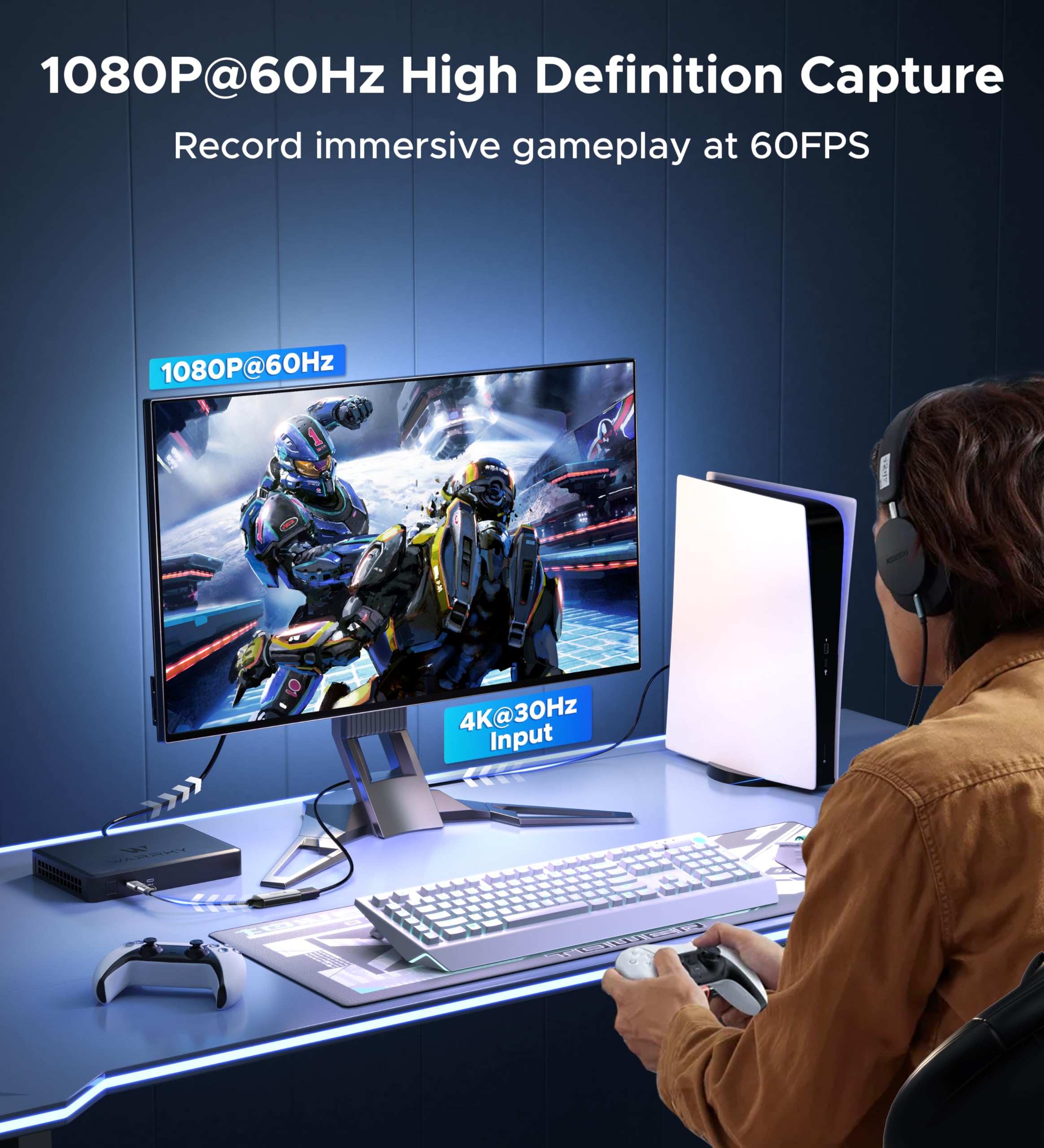 WARRKY USB 3.0 Video-Capture-Karte, 1080P 60FPS HDMI auf Typ C/USB A Capture Card für Aufnahme und Streaming [Nylon geflochtenes Kabel, Aluminiumgehäuse] für Windows/MacOS/PC, Switch, Xbox, PS4 und 5