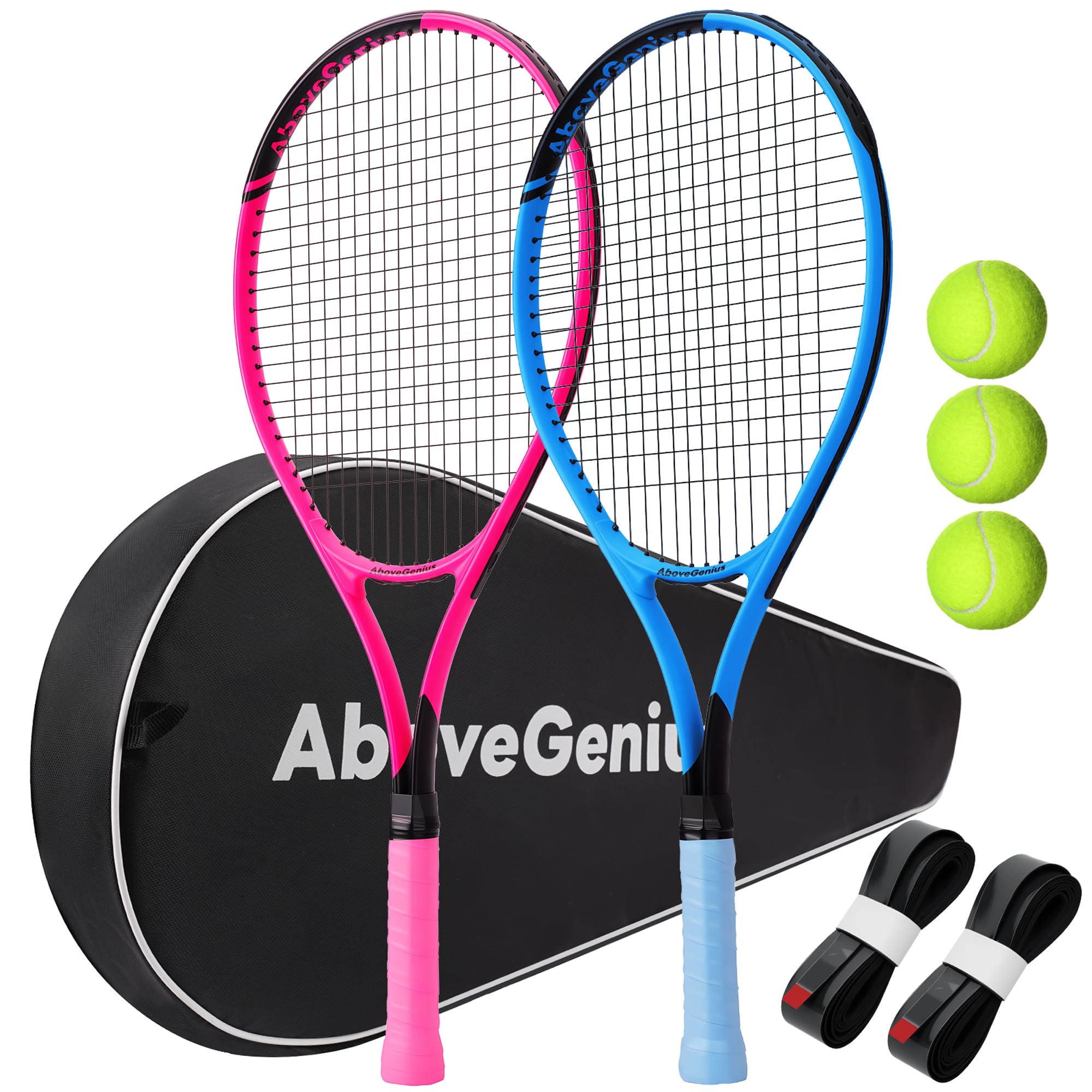 AboveGenius Neon Pink & Blue Tennis Rackets 2 Pack for Adults- 27" Lightweight Aluminum Tennis Racquet Set with 3 Balls & Bag - Stylish Matte Pop-Color Starter Kit for Couples & Friends