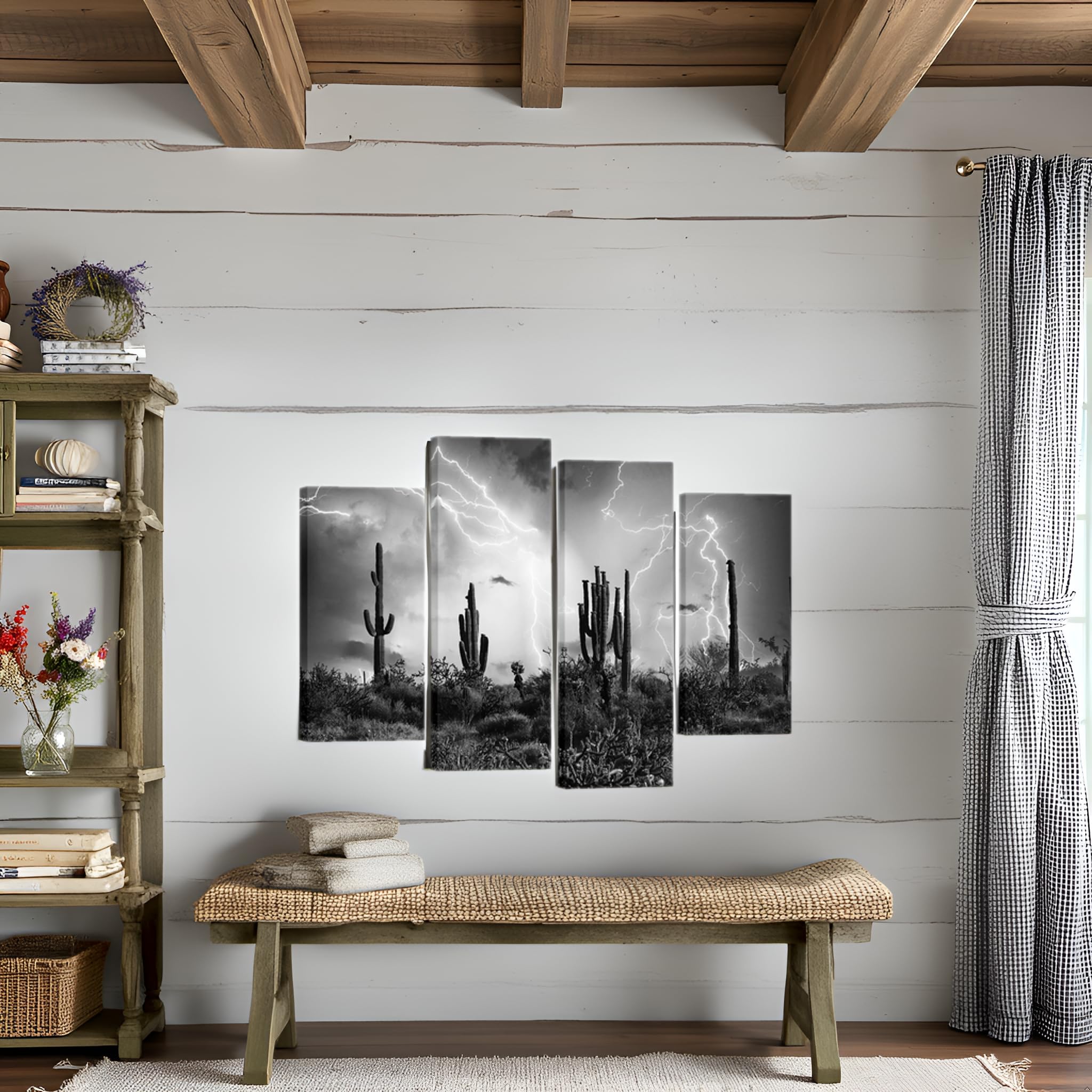 Nachic Wall 4 Paneele Schwarz und Weiß Landschaft Bild Saguaro Wüste in Beleuchtung Sturm Fotos Druck auf Leinwand Moderne amerikanische Arizona Landschaft Gemälde Gerahmt für Zuhause Haus Wohnzimmer