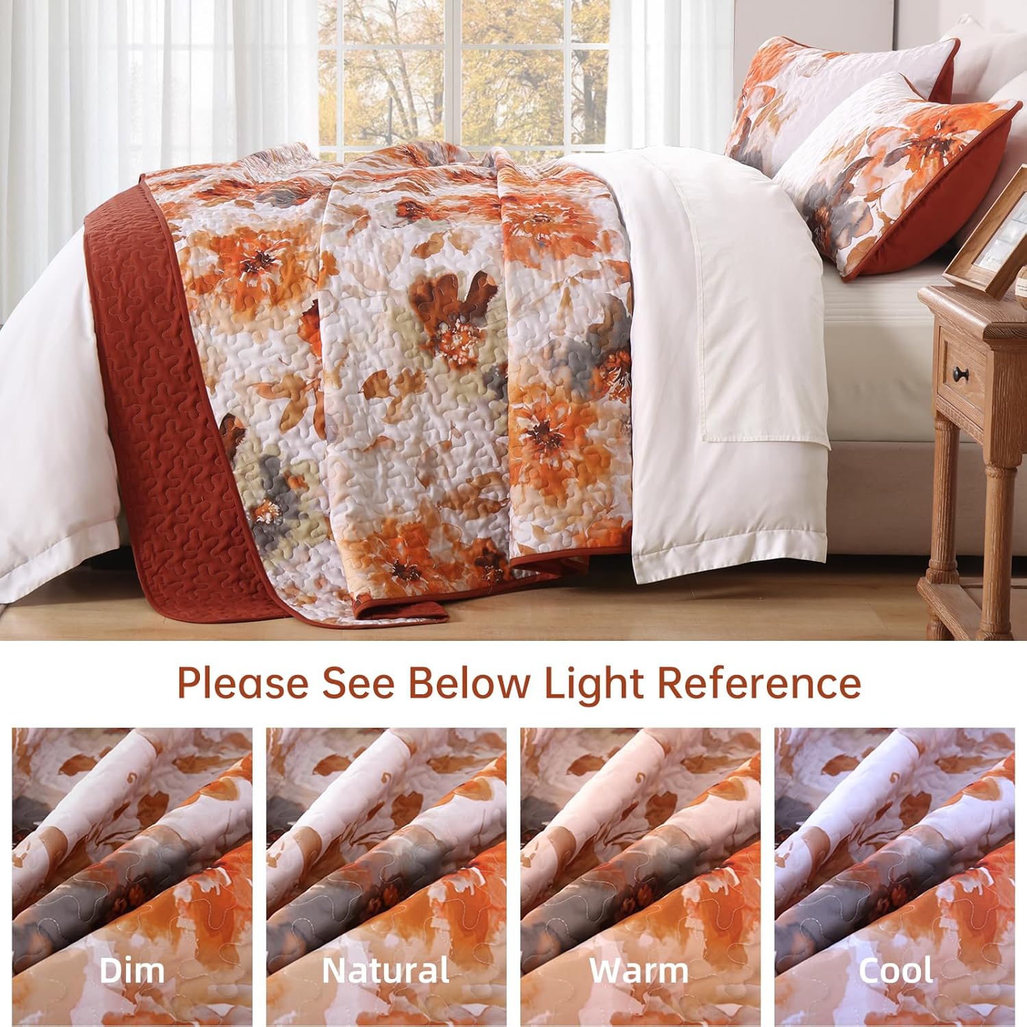 Luxudecor Floral Quilt Set Queen Size - 3 Pieces Orange Watercolor Botanical Bedspread Coverlet Set with 2 Pillowcases, Lightweight Soft Bedding Set for All Seasons 96"x90" - Image 9