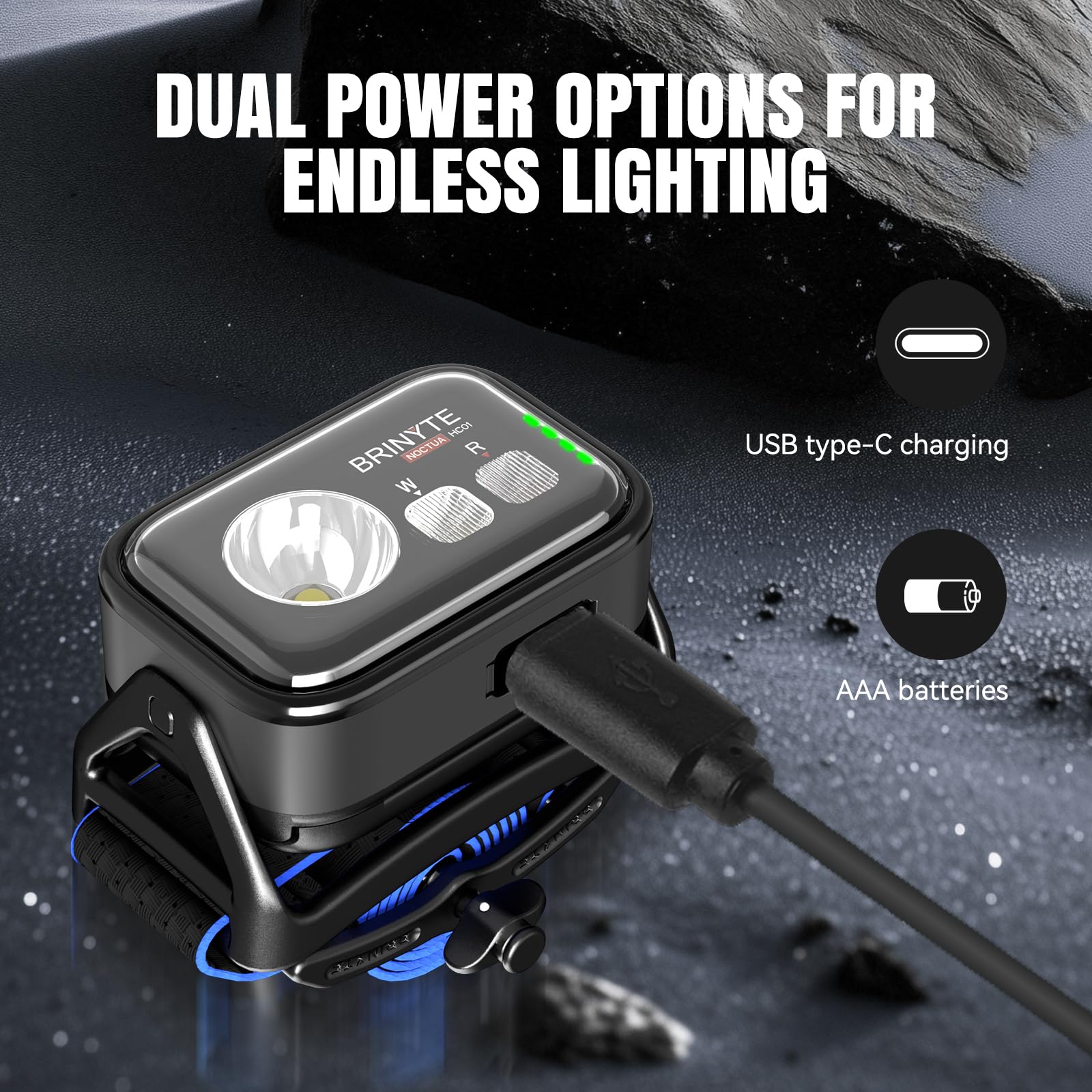 Brinyte HC01 Lampe frontale 1000 lumens ultra lumineuse rechargeable USB Type-C avec lumière blanche et rouge, étanche IP66, 7 modes pour camping, course à pied, randonnée, cyclisme