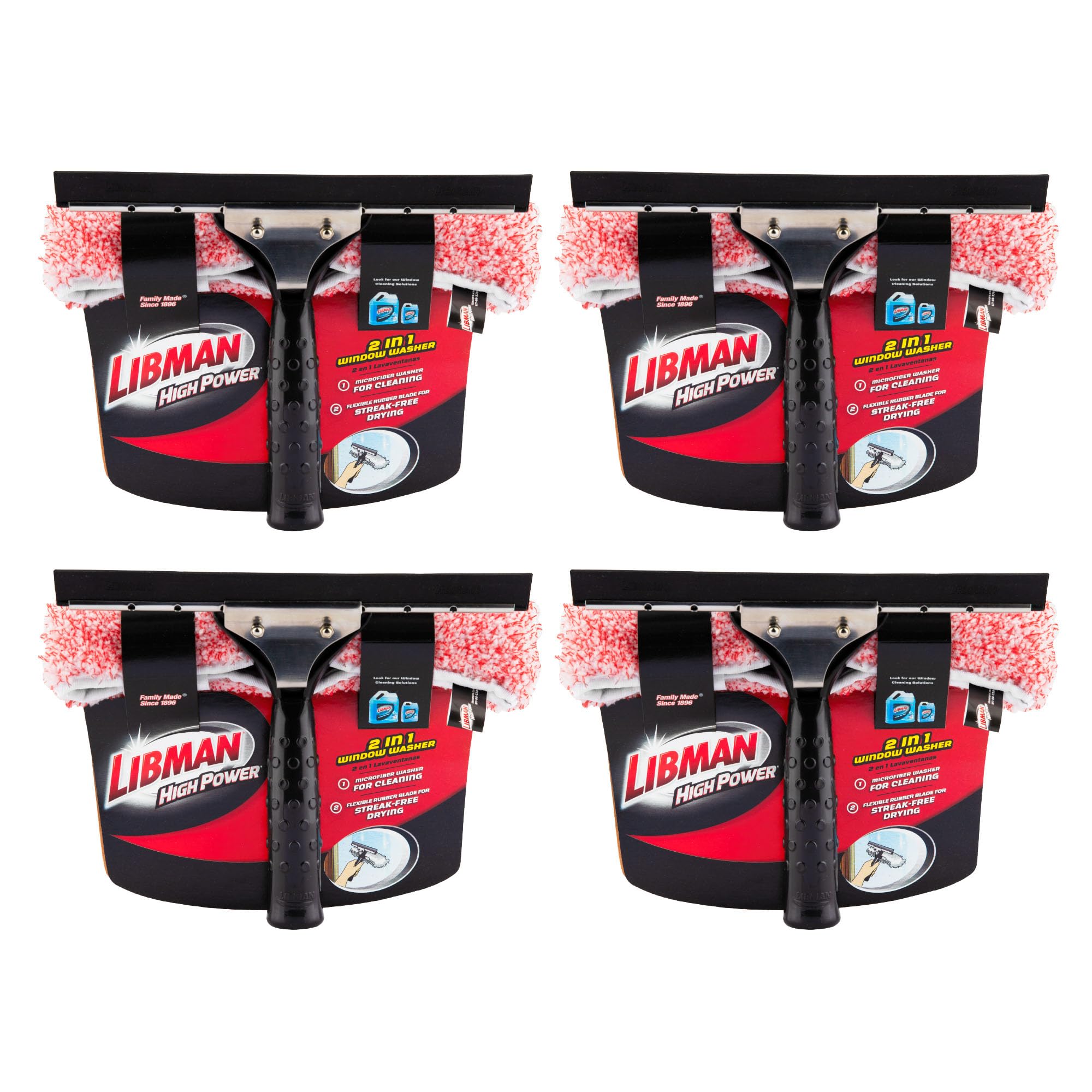 Microfiber and Squeegee Window Washer by LIBMAN COMMERCIAL – Poly/Microfiber, Black, Pack of 4