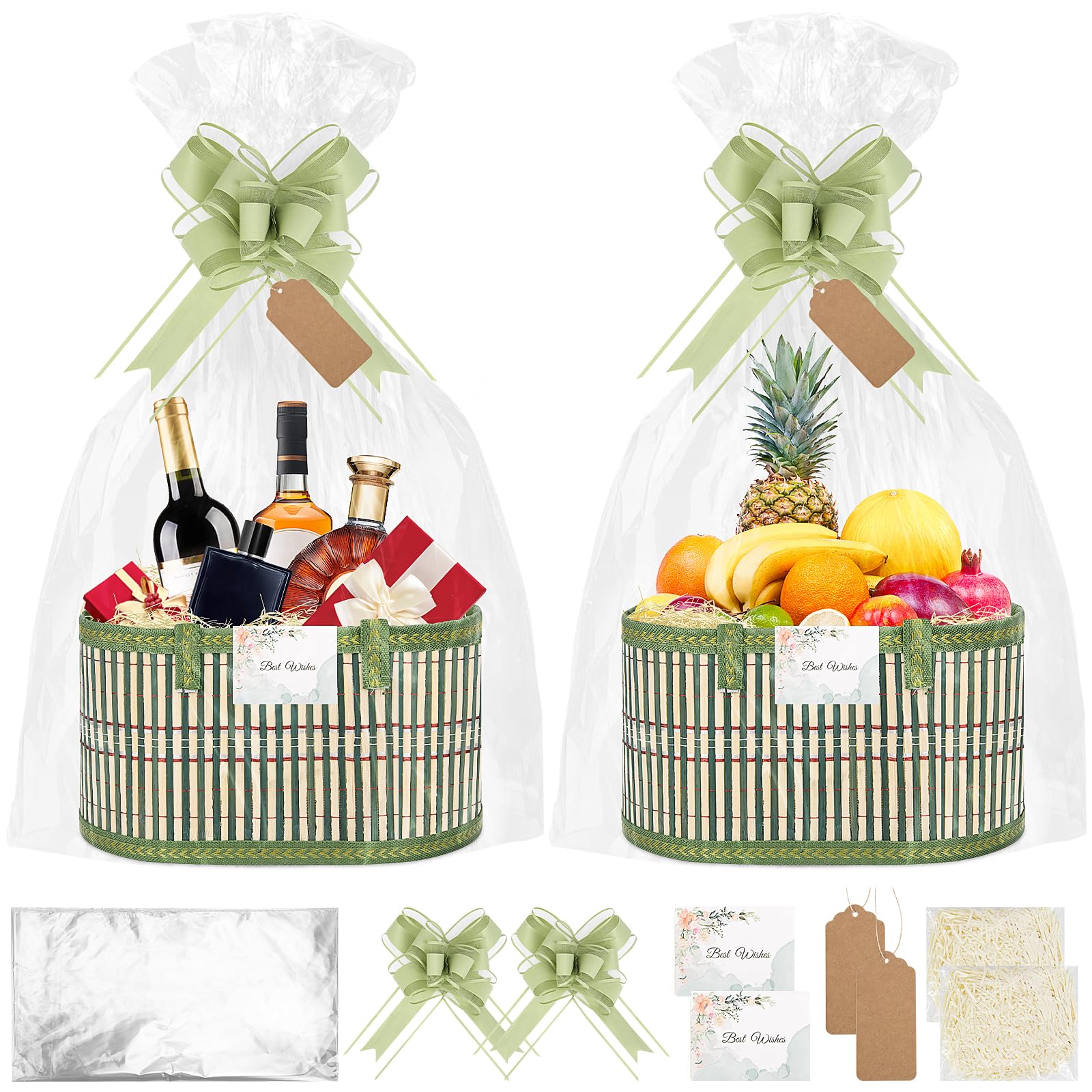 SelfTek Geschenkkorb Leer Groß - 2 Set Geschenkkorb mit Präsentkorb Leer Geschenkfolie Transparent, Füllmaterial, Schleifen, Grußkarte, Etikett, 30x20x15cm Präsentkorb Leer für Weihnachten (Grün)