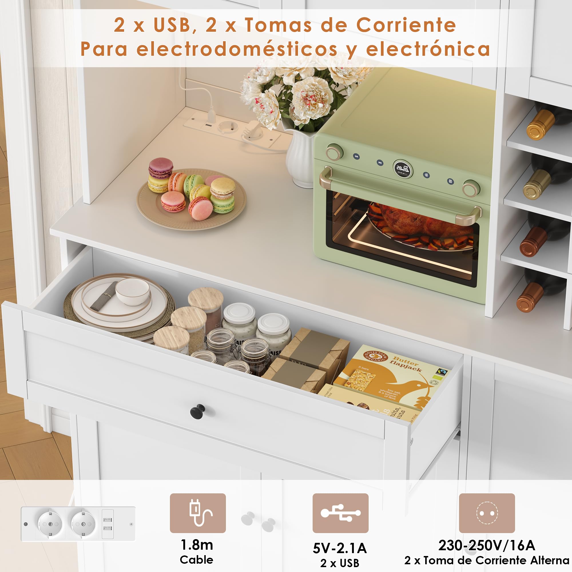 FirFurd Alacena Cocina Grande, Armario Cocina Almacenaje, Mueble de Cocinas | Armario Despensa Cocinas con Iluminacion LED, Regleta, Encimera, Botellero 12 Botellas, 1 Cajón 100x39x180cm Blanco