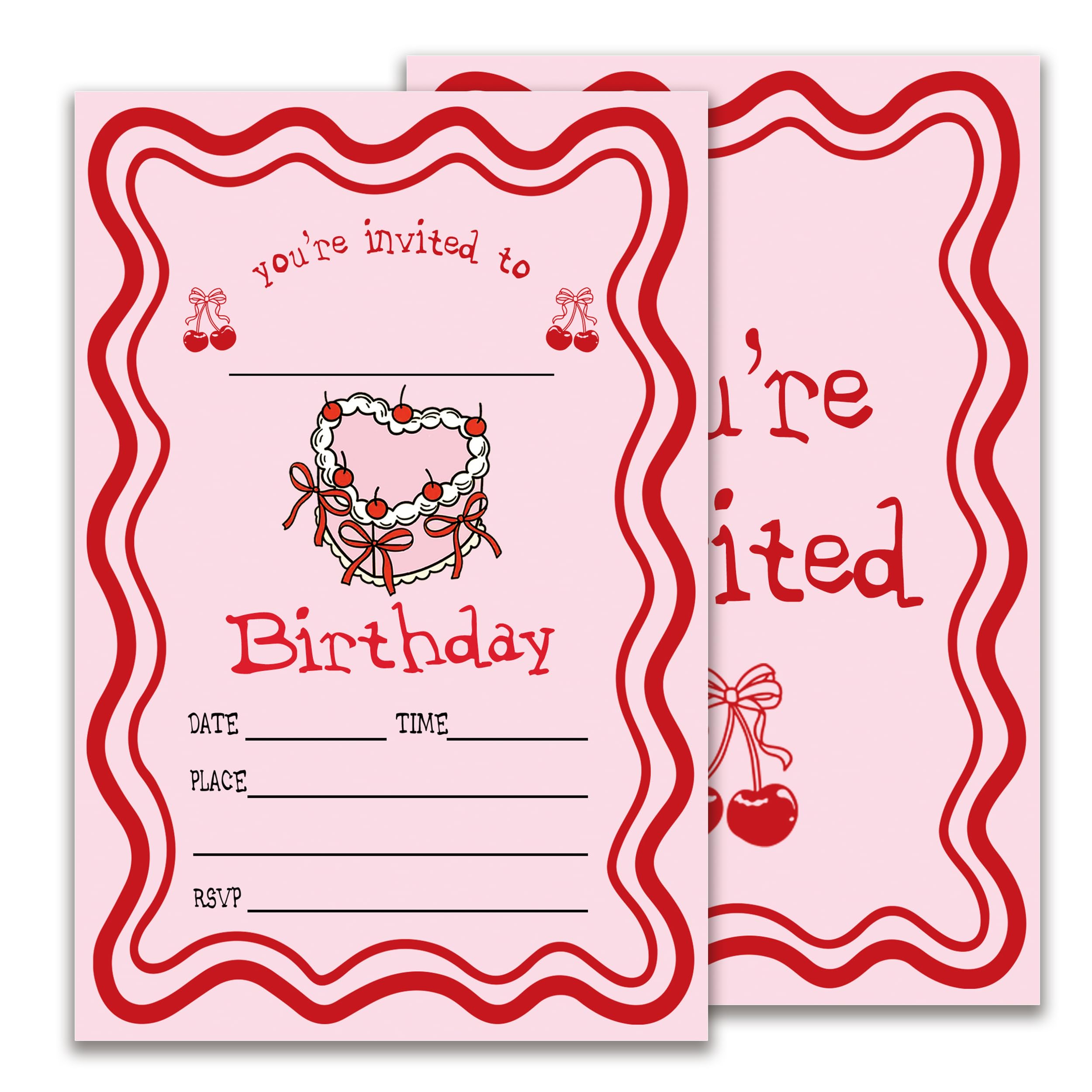 JUPXB Pink Cherry Birthday Invitation, Wavy Girls Party Invite, Cake Bday Invite Cards, 20 Pink Double-Sided Fill In Invite Cards with Envelopes,