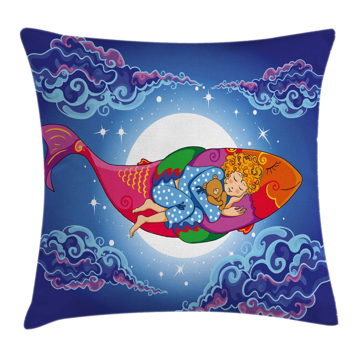 Lunarable Fish Throw Pillow Cushion Cover, Sleeping Floating on Cartoon Fish in Sky Big Moon Stars Clouds Dreamy Design, Decorative Square Accent Pillow Case, 26