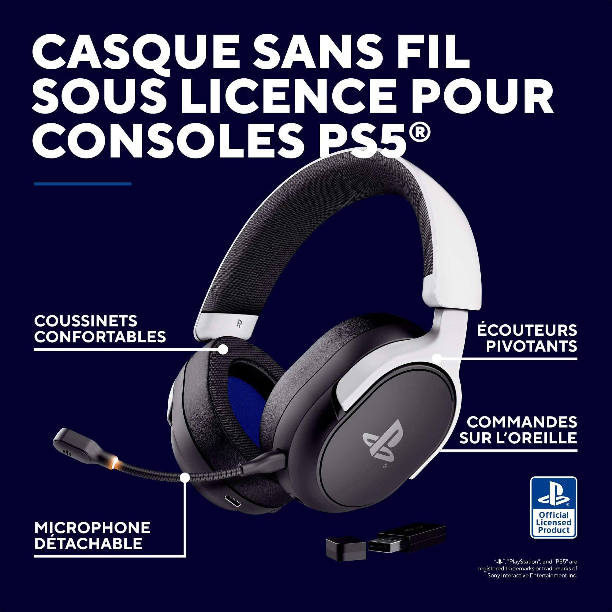 GXTrust Forta Casque sans Fil Licence Officielle PlayStation 5, Noir/Blanc | Faible Latence, 2.4G avec Récepteur USB, Autonomie de 55 Heures, Casque Gamer PS5 avec Microphone