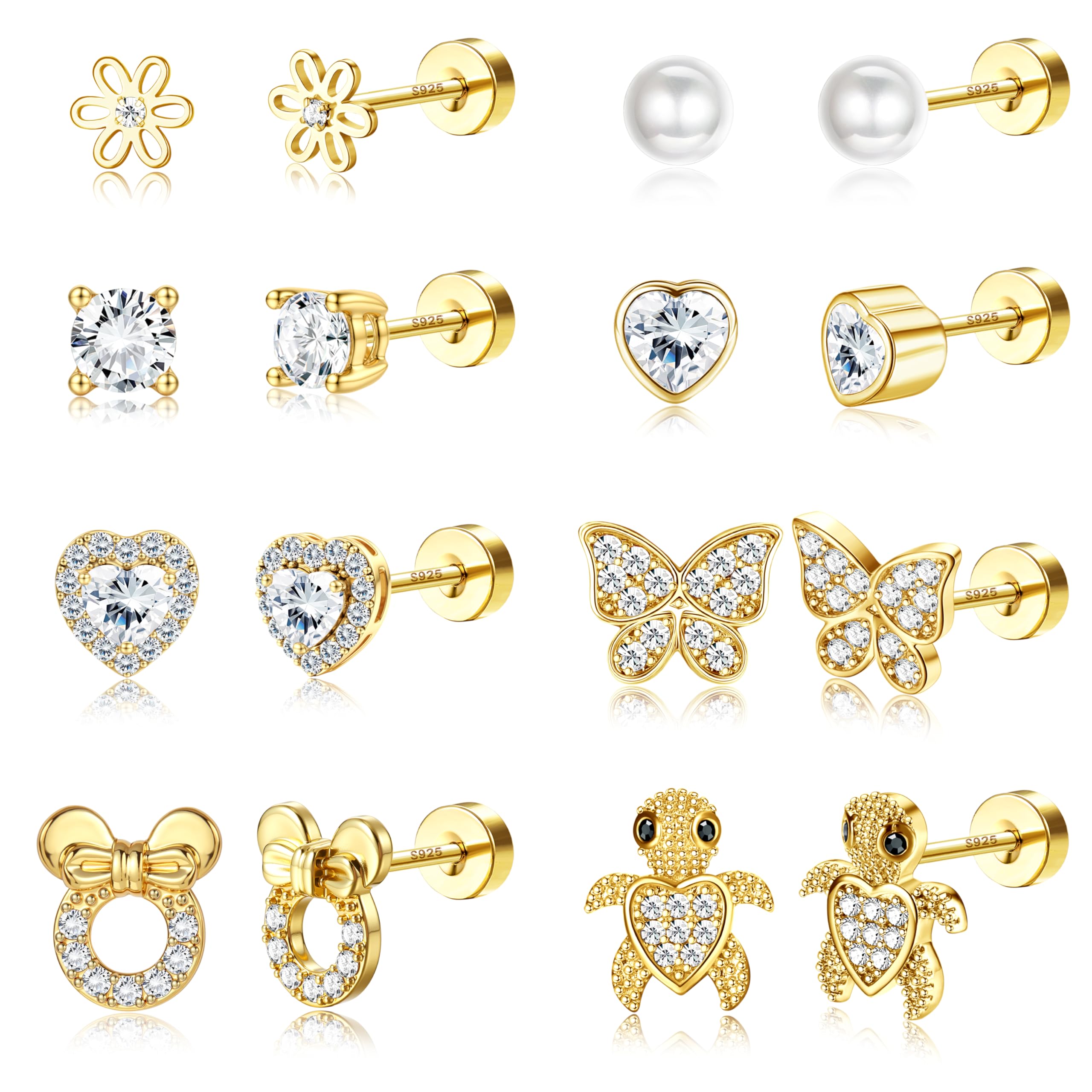 Adramata 8 Paires Boucles d'Oreilles Argent 925 pour Filles Femme Hypoallergéniques Fermoir à vis Boucle d'Oreille aux Oreilles Sensibles Fleur Coeur Papillon Bijoux Enfants Fille Or Argent