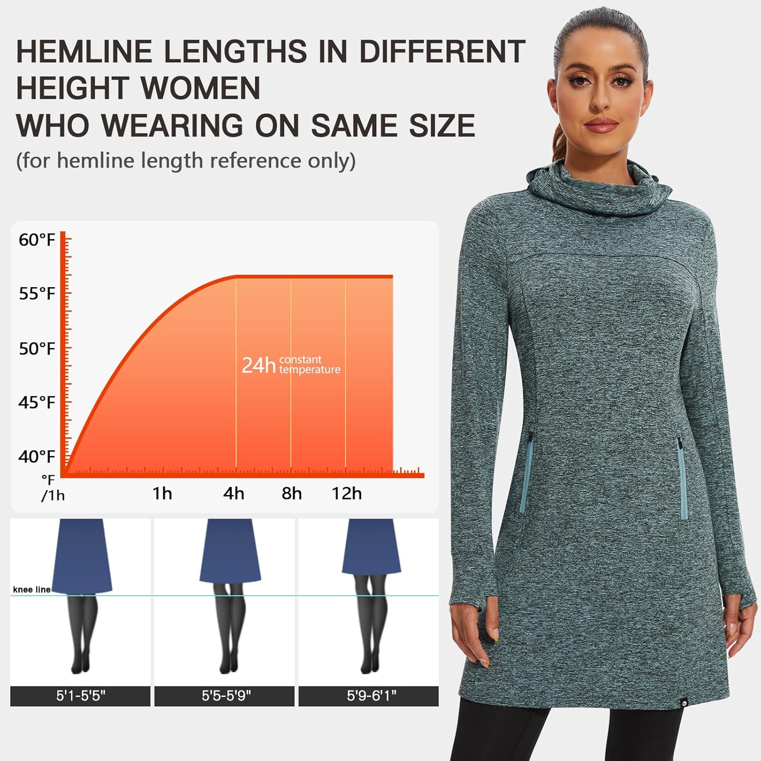 Soneven Women's Fleece Dress Running Thermal Sweatshirts Dresses Winter Skiing Athletic Pullover with Thumb Holes and Pockets - Image 6