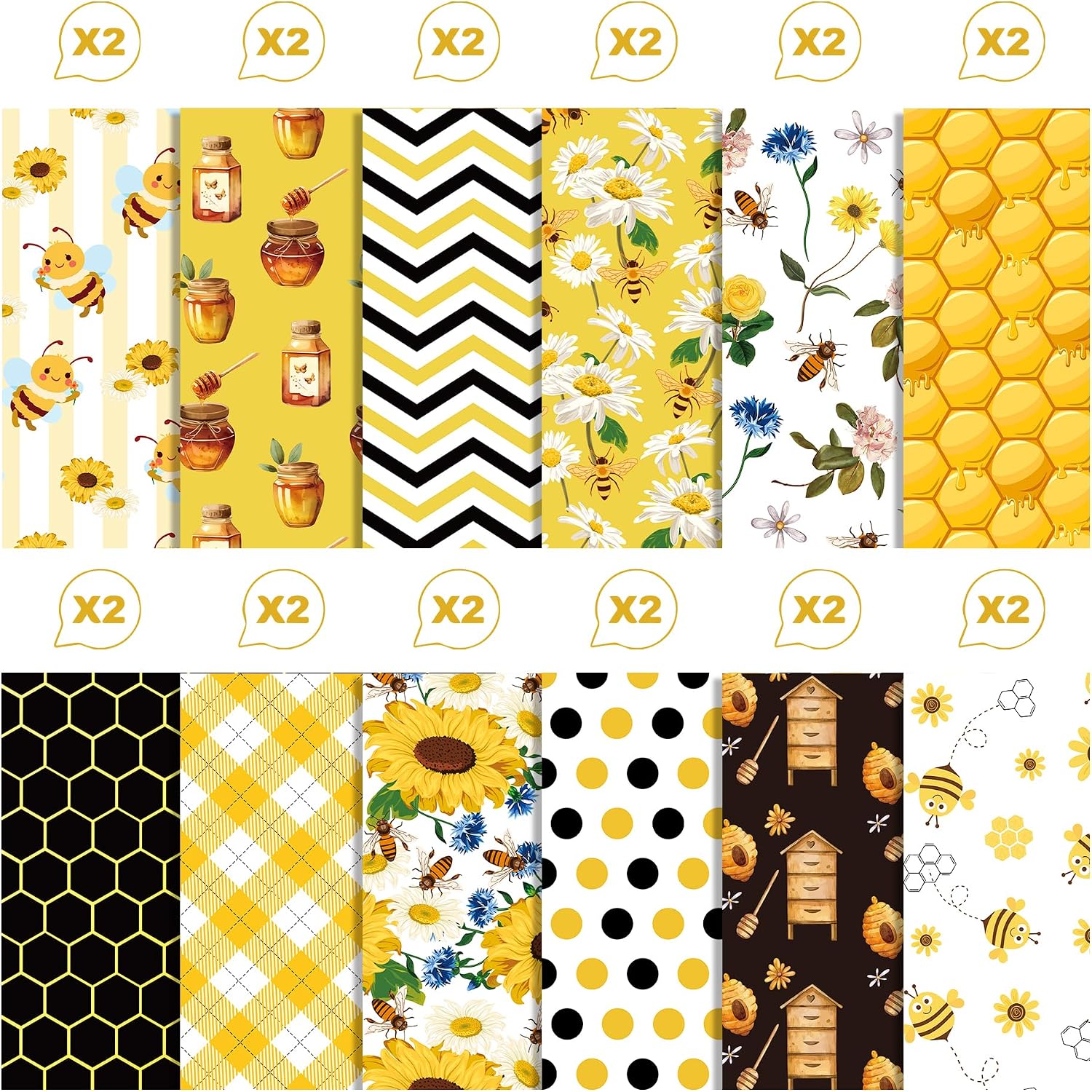 24 Sheets Honey Bee Pattern Paper 11.8 x 11.8 Inch Bee Scrapbook Paper Double-Sided Yellow Black Floral Honeycomb Patterned Craft Papers for Card Making Photo Album, 12 Designs
