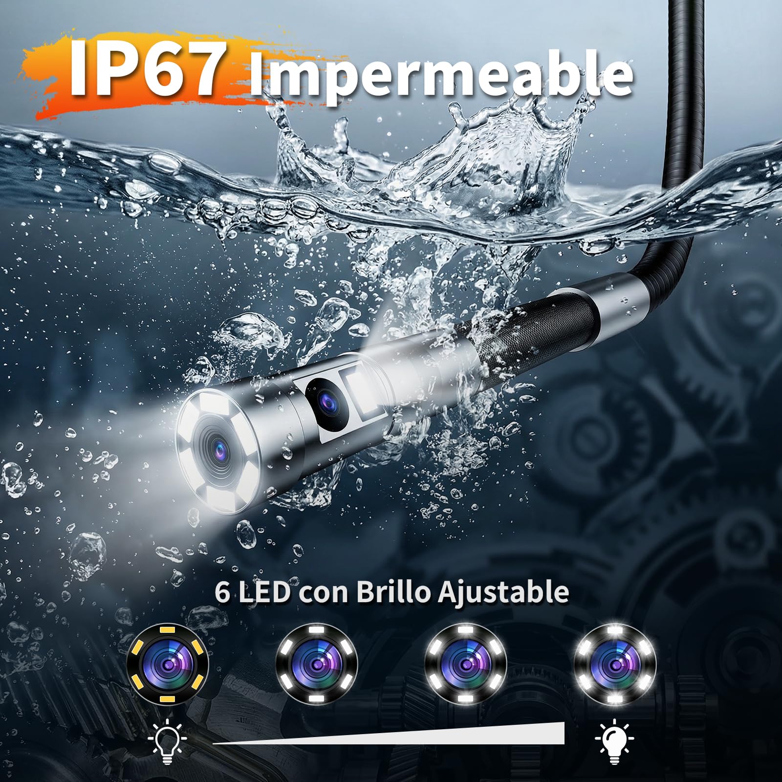 Lente Doble Endoscopio Industrial con Pantalla 4,3" y Cámara 1920P, Cámara Endoscópica con Luz LED, Sonda Ø6,5 mm Articulada 210°, IP67, Tarjeta SD 32 GB Incluida – Coches y Mantenimiento Técnico