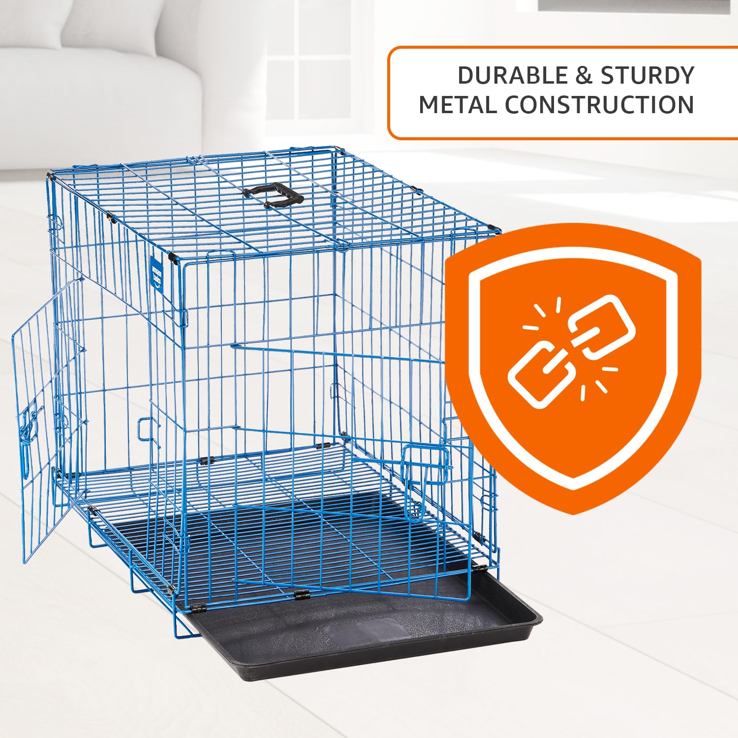 Amazon Basics Foldable Metal Wire Dog Cage/Crate/Carrier with Tray | Single Door | 24 Inch | 1 Level | Blue, Medium 2