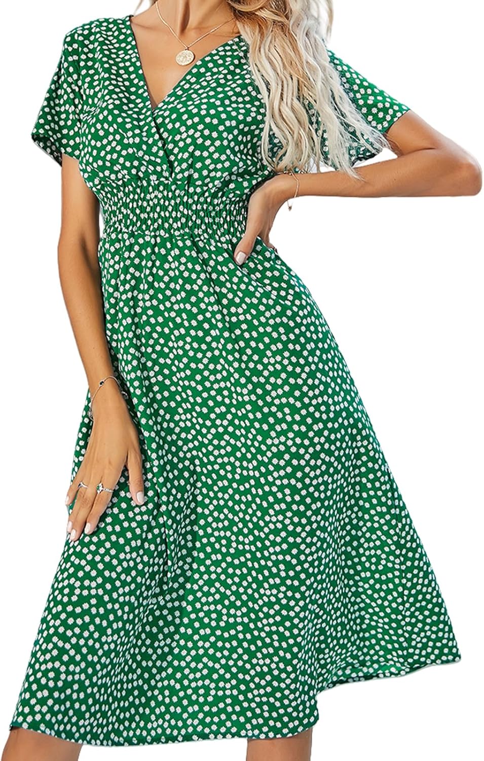 Women's Summer Floral Dress Short Sleeve V Neck Wrap Dresses with Elastic Waist Casual Knee Length A-Line Sundress Large B-green
