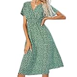 Women's Summer Floral Dress Short Sleeve V Neck Wrap Dresses with Elastic Waist Casual Knee Length A-Line Sundress