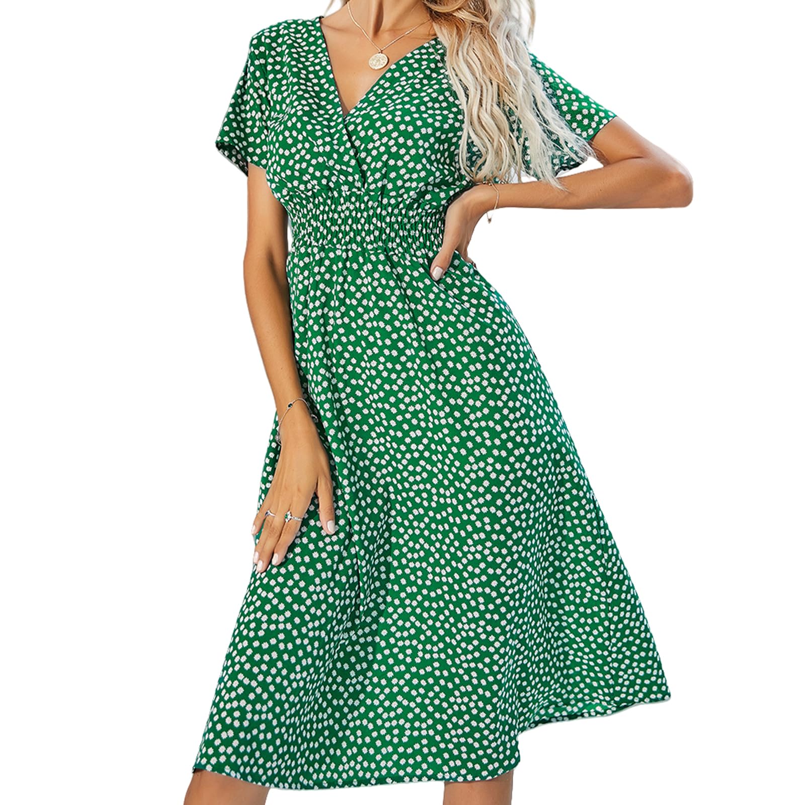 Women's Summer Floral Dress Short Sleeve V Neck Wrap Dresses with Elastic Waist Casual Knee Length A-Line Sundress