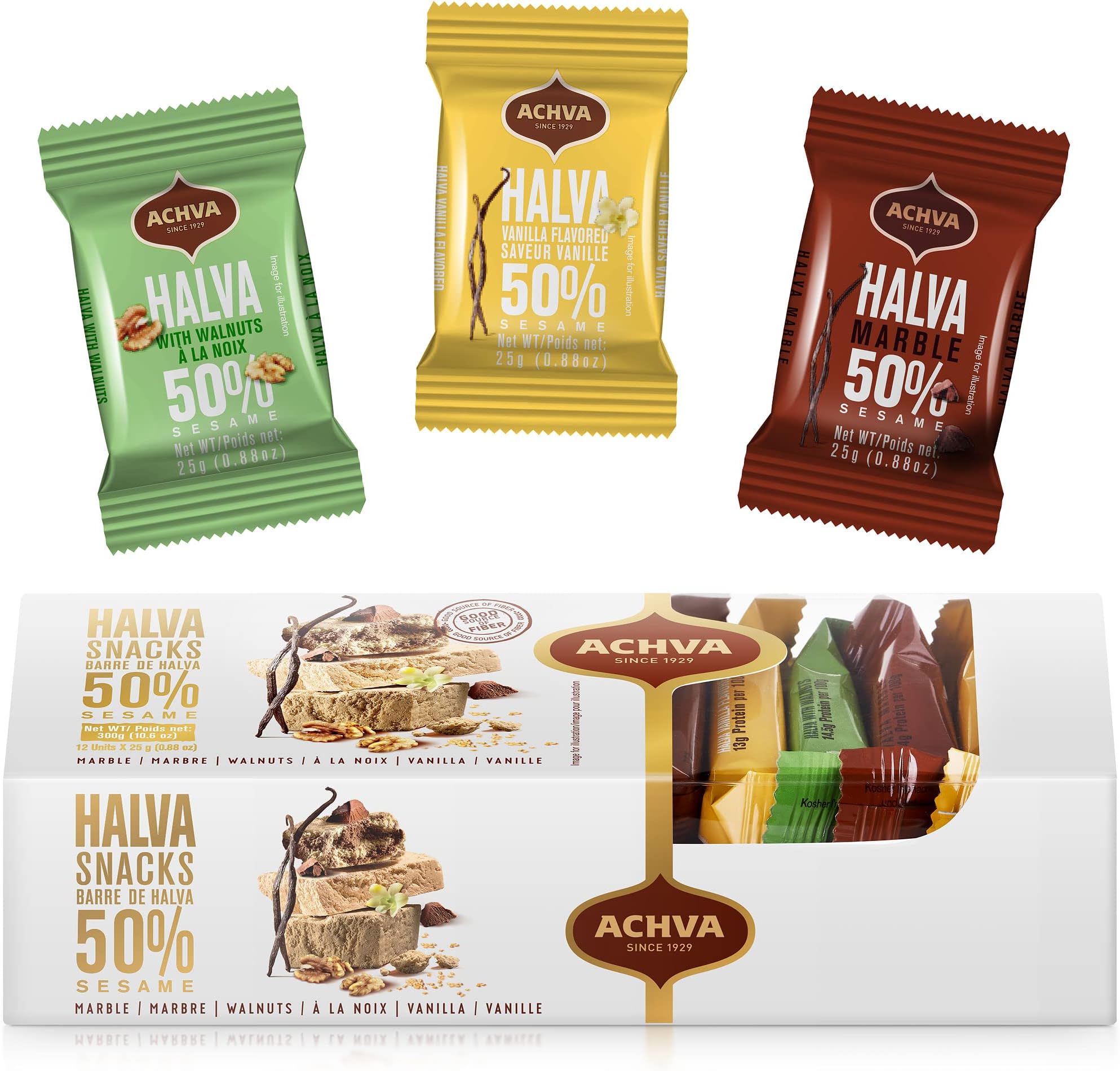 Halva Tahini Bars | Natural Source of Protein | Super Seed, Gluten Free & Nutritious Halva Sesame Energy Bars | No Chemicals | Assorted Box, Vanilla, Walnuts, Marble - 2 Packs (24 x 25g)