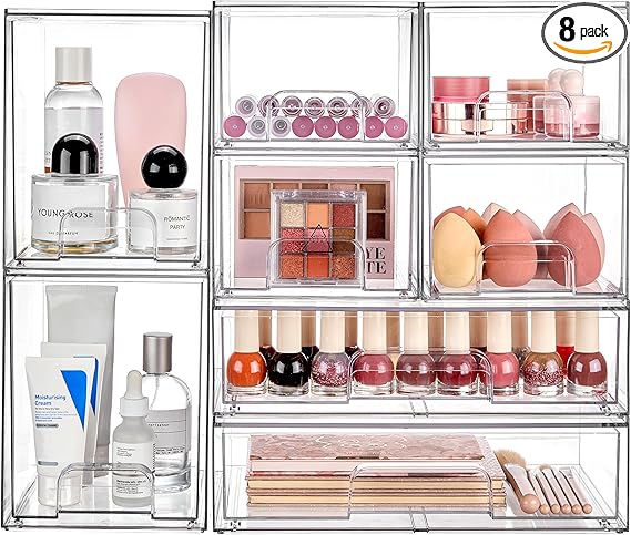 Vtopmart Stackable Storage Drawers Set of 8, Clear Plastic Organizer Bins for Bathroom Supplies,Ideal for Cabinet,Pantry,Laundry Room Organization