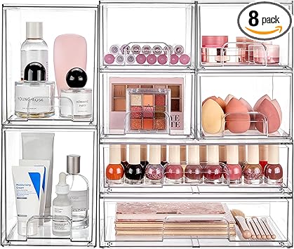 Vtopmart Stackable Storage Drawers Set of 8, Clear Plastic Organizer Bins for Bathroom Supplies,Ideal for Cabinet,Pantry,Laundry Room Organization