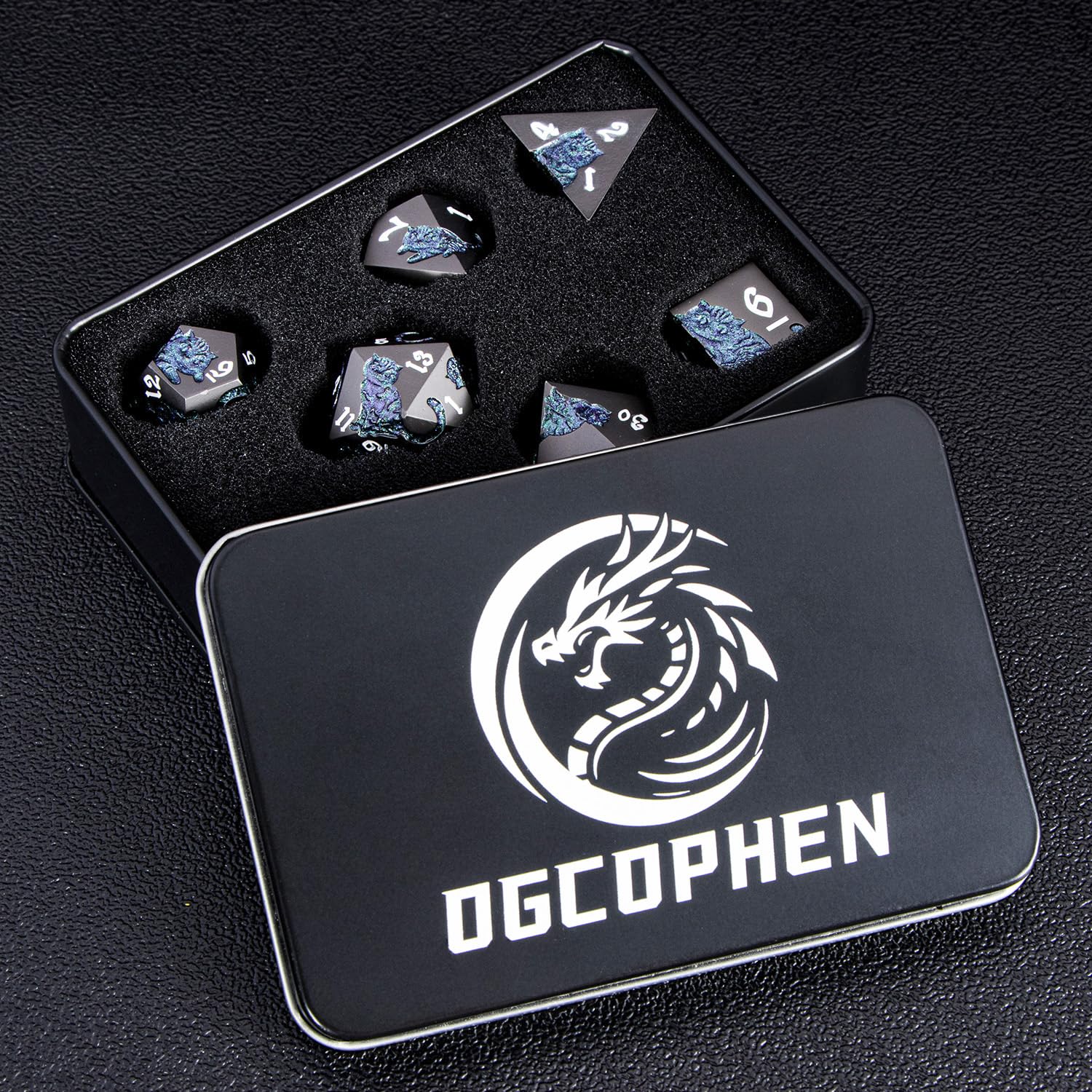 DND-Katzen-Würfel-Set aus Metall, polyedrisches RPG-Würfel-Set mit Geschenketui für Dungeons Dragons Rollenspiele, D- und D-Würfel D6, D8, D10, D12, D20, D%, Violett-Grün, 7-teilig