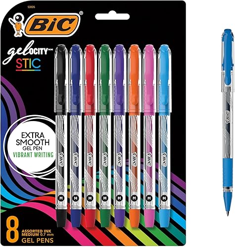 BIC Gel-ocity Smooth Stic Gel Pen, Medium Point (0.7mm), Assorted Colors, 8-Count, Vibrant and Smooth Gel Ink Pens