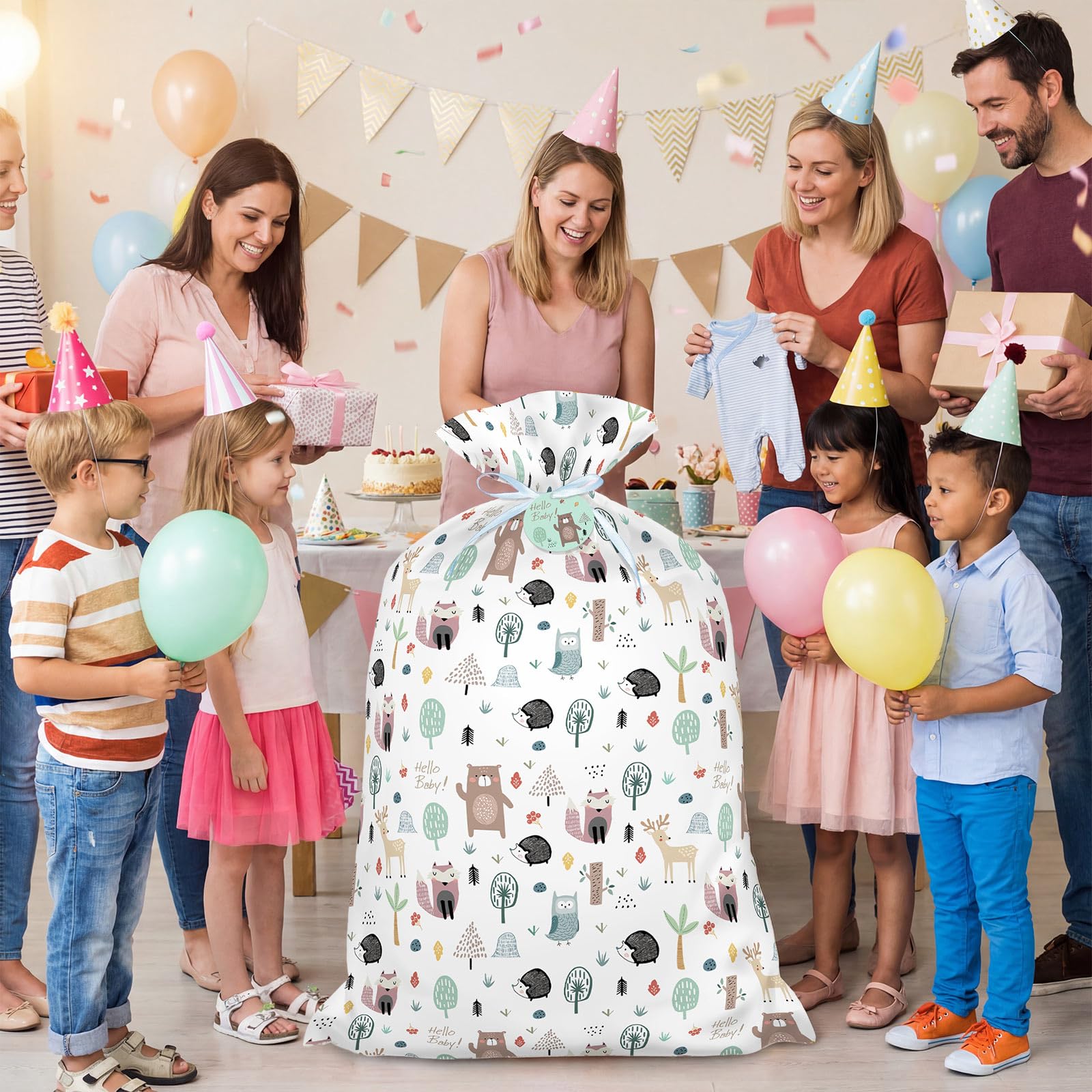 56" Extra Large Baby Shower Plastic Gift Bag, Jumbo Gift Bag with Woodland Animal Design for Girls, Boys and Newborn Parties or Celebration