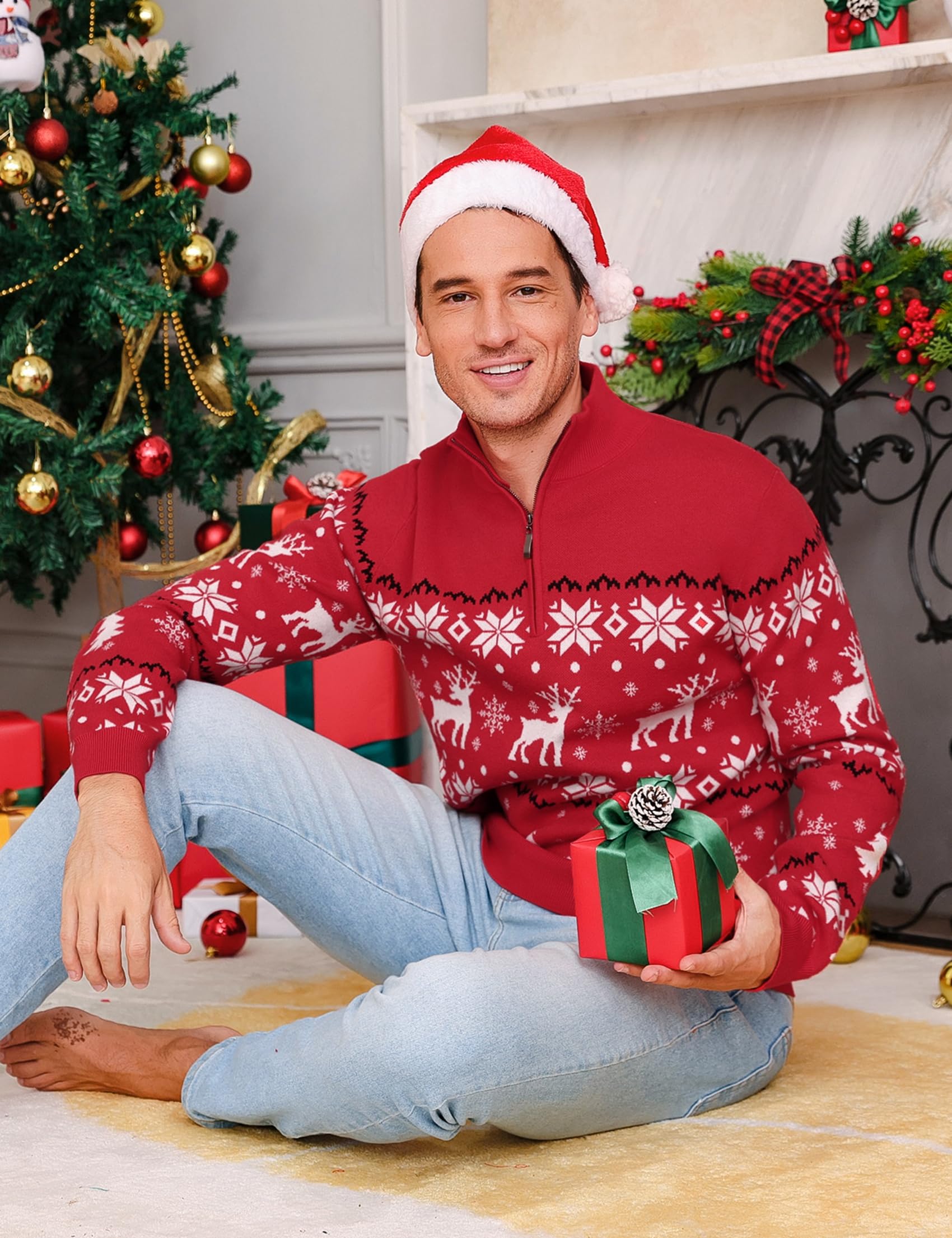 Maglione Natalizio Uomo Maniche Lunghe Zip Un Quarto Motivo Renna | Tessuto Morbido, Maniche Lunghe, Lavorazione a Maglia, Calore Confortevole, Vestibilità Regolare, Autunno e Inverno