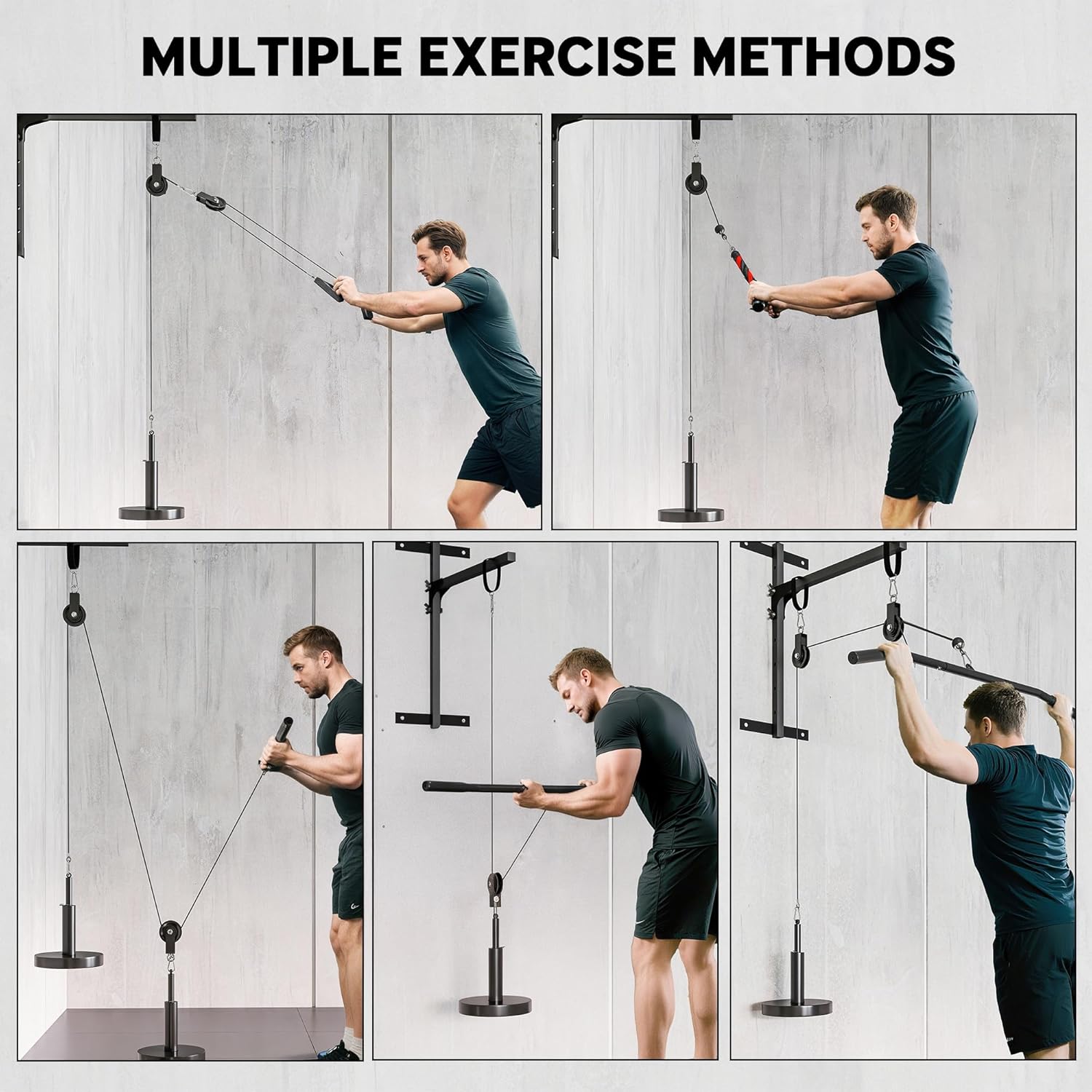 Multiple exercise methods demonstrated with the Soozier Weight Cable Pulley System, including bicep curls, tricep extensions, and cable rows.