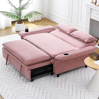 65.74-inch Pink Sofa Bed: Modern Letter Stripe Fabric Convertible Furnit...