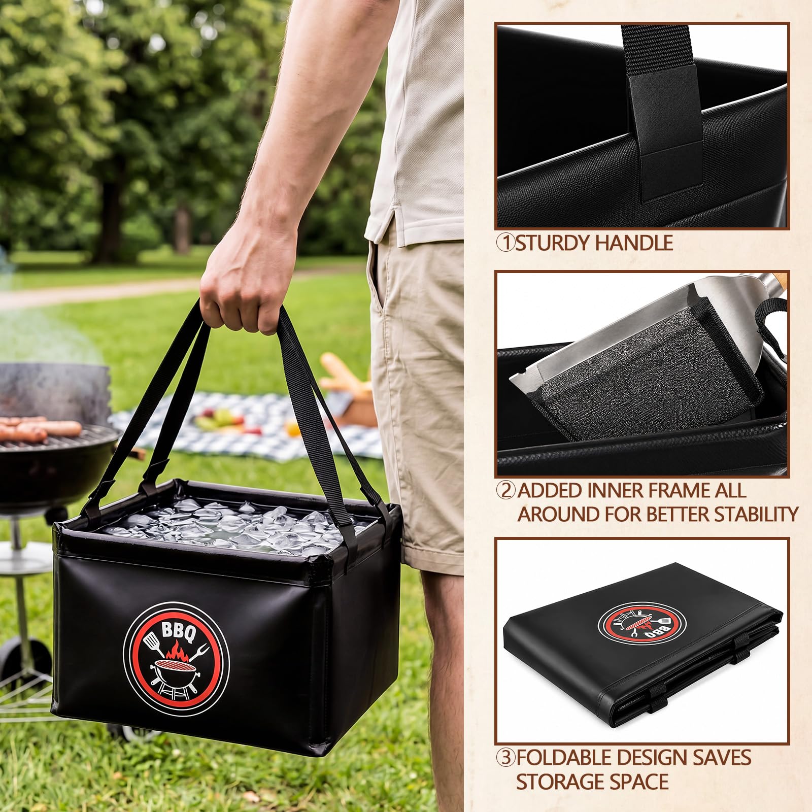 Sawysine Juego de 6 herramientas para barbacoa, cepillo de limpieza sin cerdas con 3 cabezales de repuesto, guantes resistentes al calor, cubo de agua plegable de 15 l para acampar al aire libre