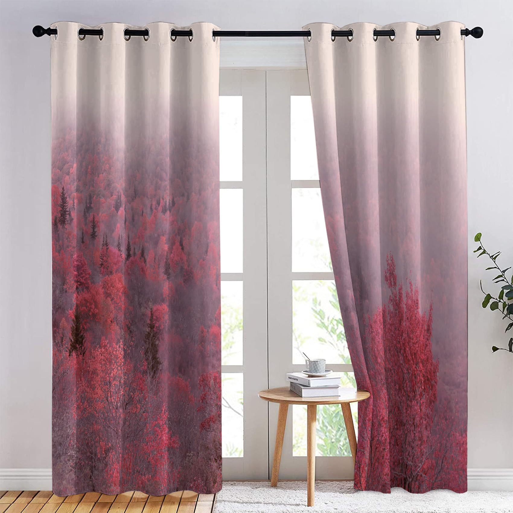 Rideau Occultant Forêt, Rideau Isolant Thermique pour Salon Chambre, Rideaux Motif Feuille, Rideau Opaque à Oeillets, Lot de 2 Rideaux et Draperies Intérieur 140x220cm LxH