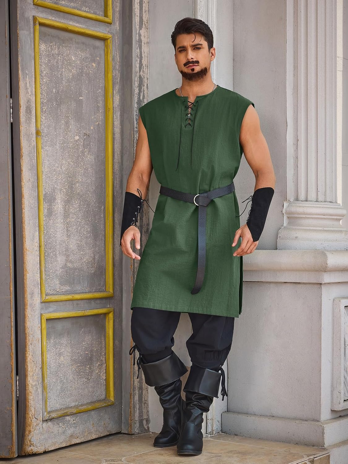 Runcati Mens Pirate Costume Tunic Renaissance Medieval Knight Warrior Sleeveless Lace Up Shirts Viking LARP Halloween Tabard - Image 2