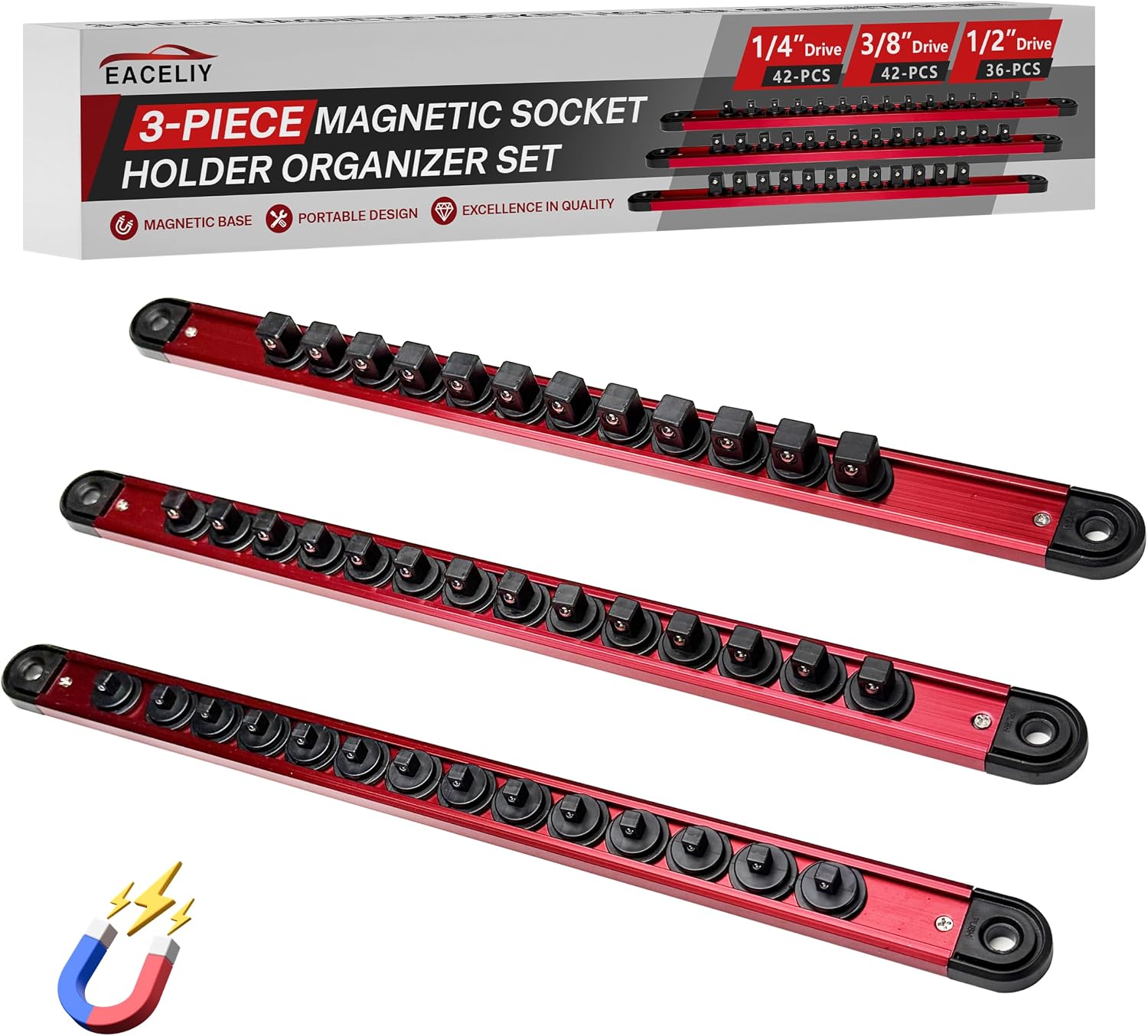EACELIY 6 PCS Magnetic Socket Organizer Set, 1/2", 1/4" and 3/8" SAE & Metric Deep & Shallow Socket Holder Kit, holds 141 stanard Sockets, attaches to steel box/tool cart (sockets not included)