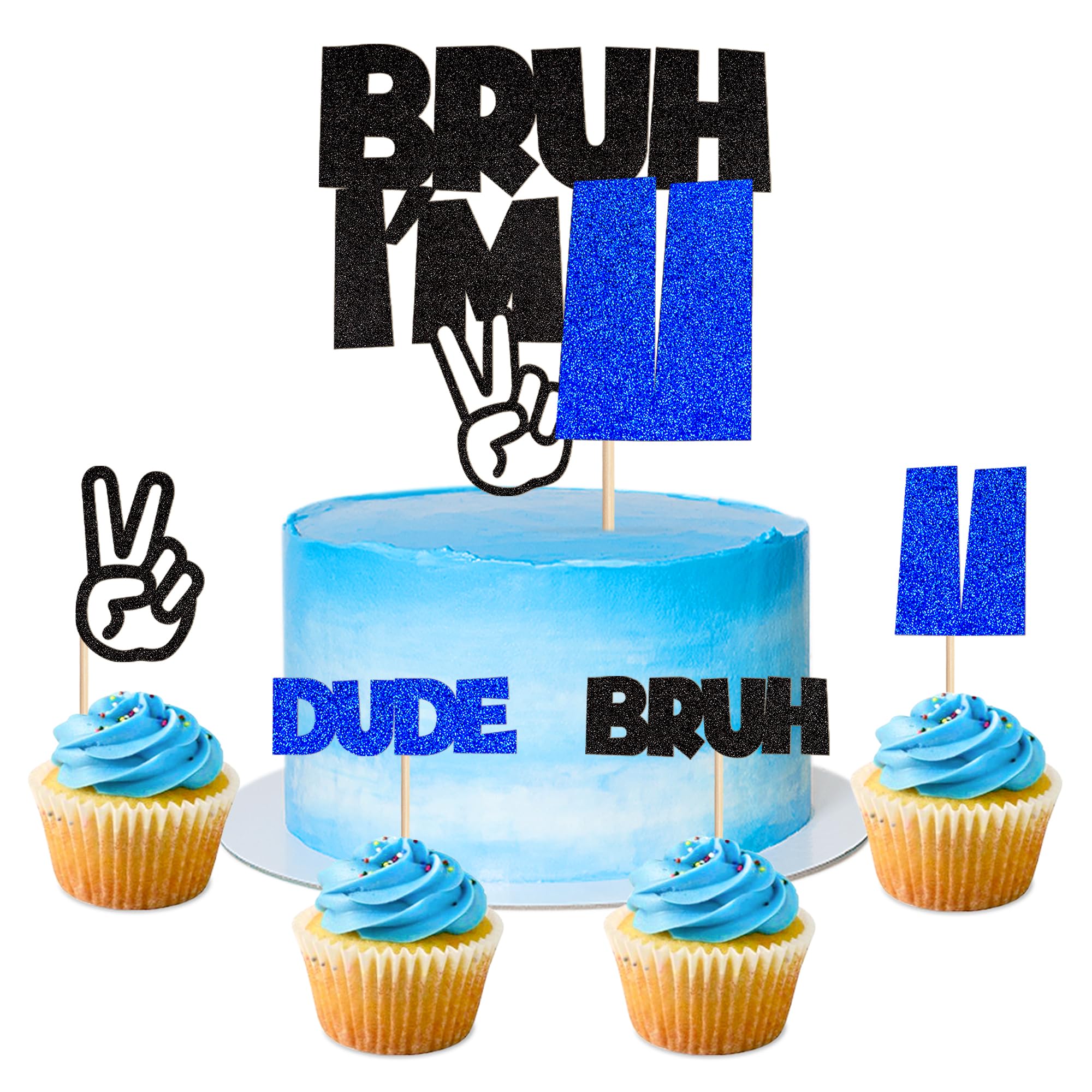 25Pcs Bruh I'm 11 Cake Topper Victory Gesture Bruh Dude Number 11 Cupcake Picks for Funny Boys 11st Birthday Eleven Years Old Brother's Party Cake Decors