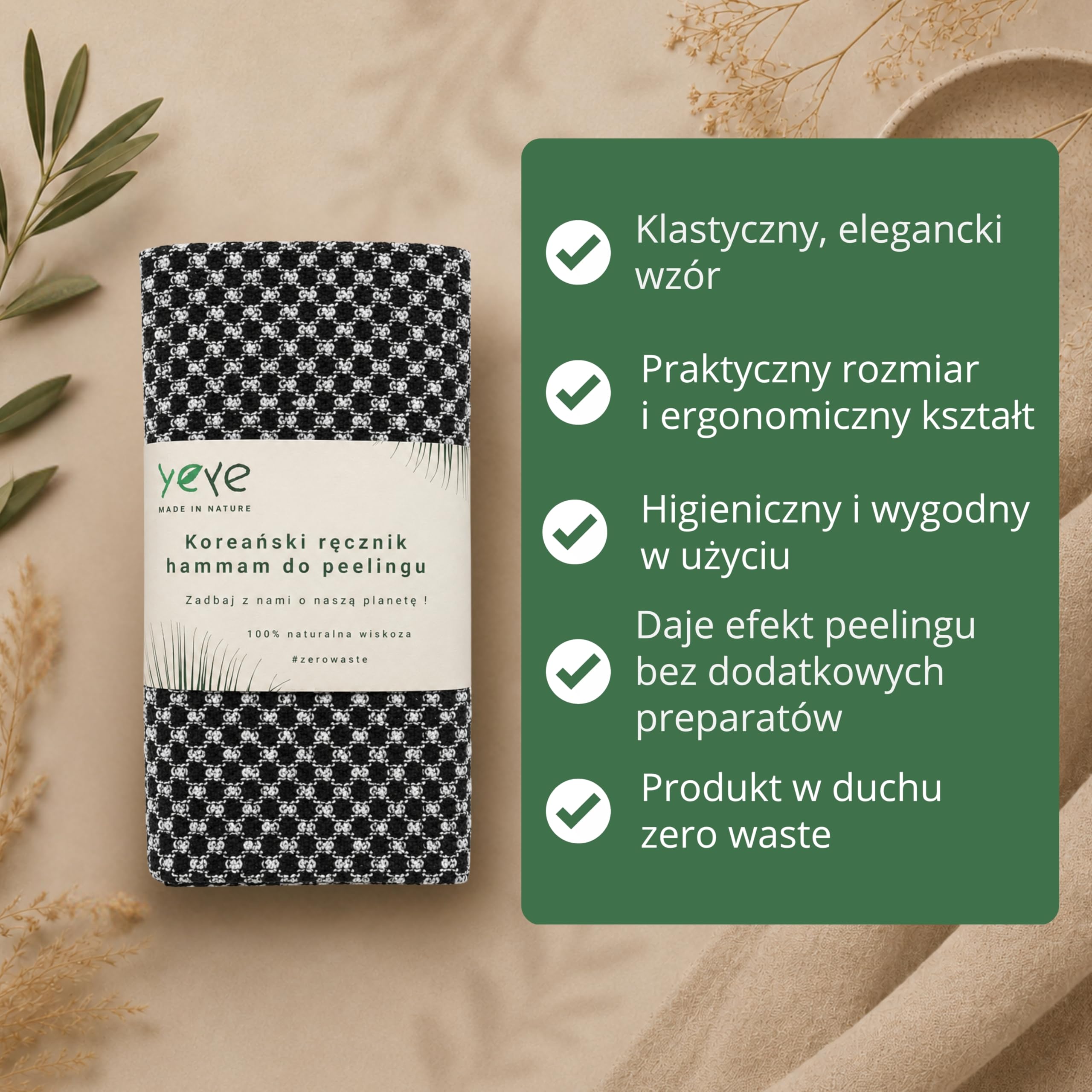 YEYE Made in Nature Koreański ręcznik do peelingu ciała 30x90 cm - Peelingujący Ręcznik do Hammam, Sauny i SPA - Usuwa martwy naskórek i wygładza skórę - Akcesoria wellness (Czarno-biały)