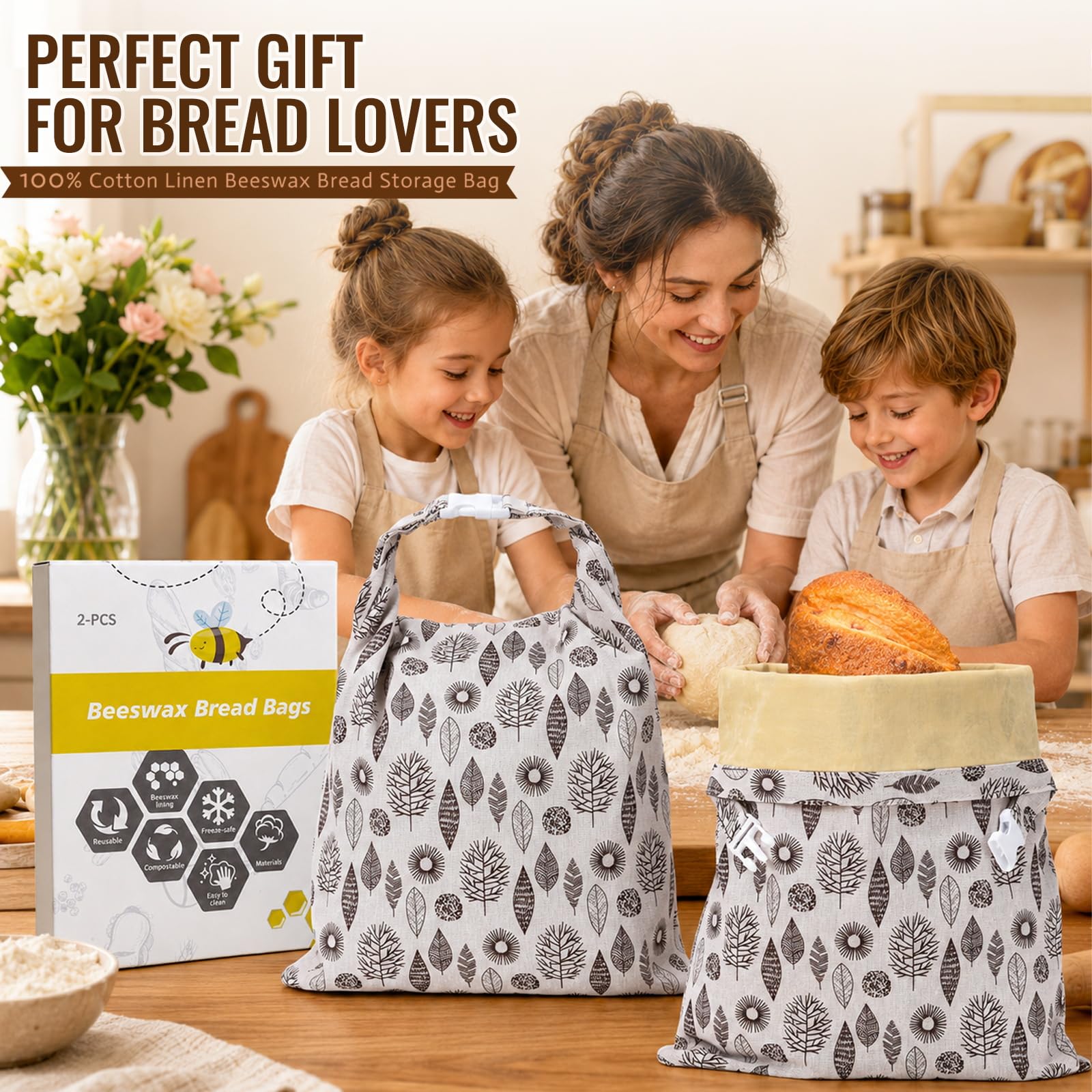 Sacchetti Di Pane in Cera D'api, Borsa Portaoggetti Riutilizzabile in Cotone Naturale, Per Congelatore E Frigorifero, Grande Capacità E Lavabile Per Fatti in Casa, Panetteria, Picnic (B,2 PACK)