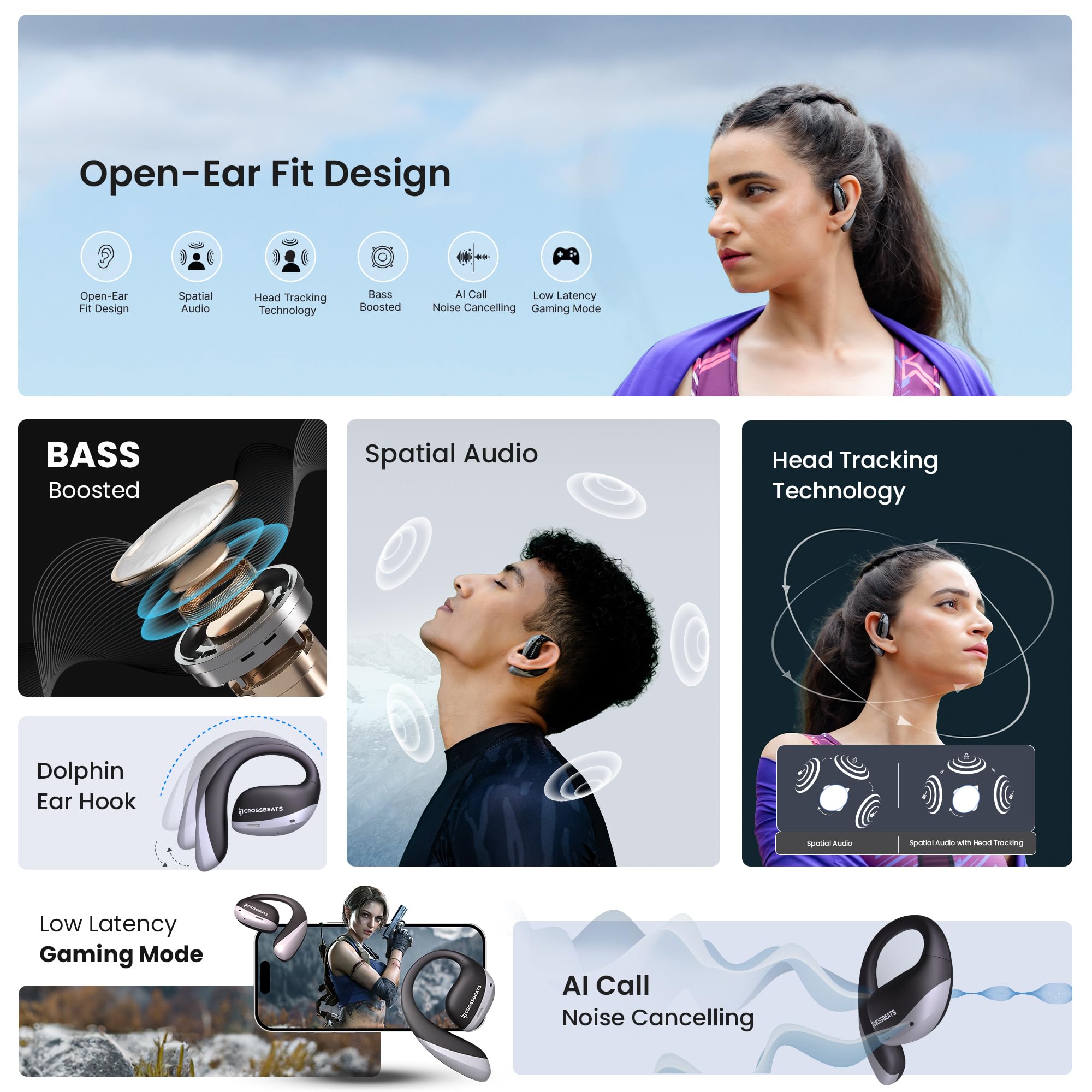 CrossBeats Arc Buds OWS Open Ear Wireless Earbuds | Spatial Audio Headphones & Head Tracking | Gaming Bluetooth Earphones | 100hr Playtime | 14.2mm Drivers IPX5 Rating Type-c Fast Charging (Black) 1