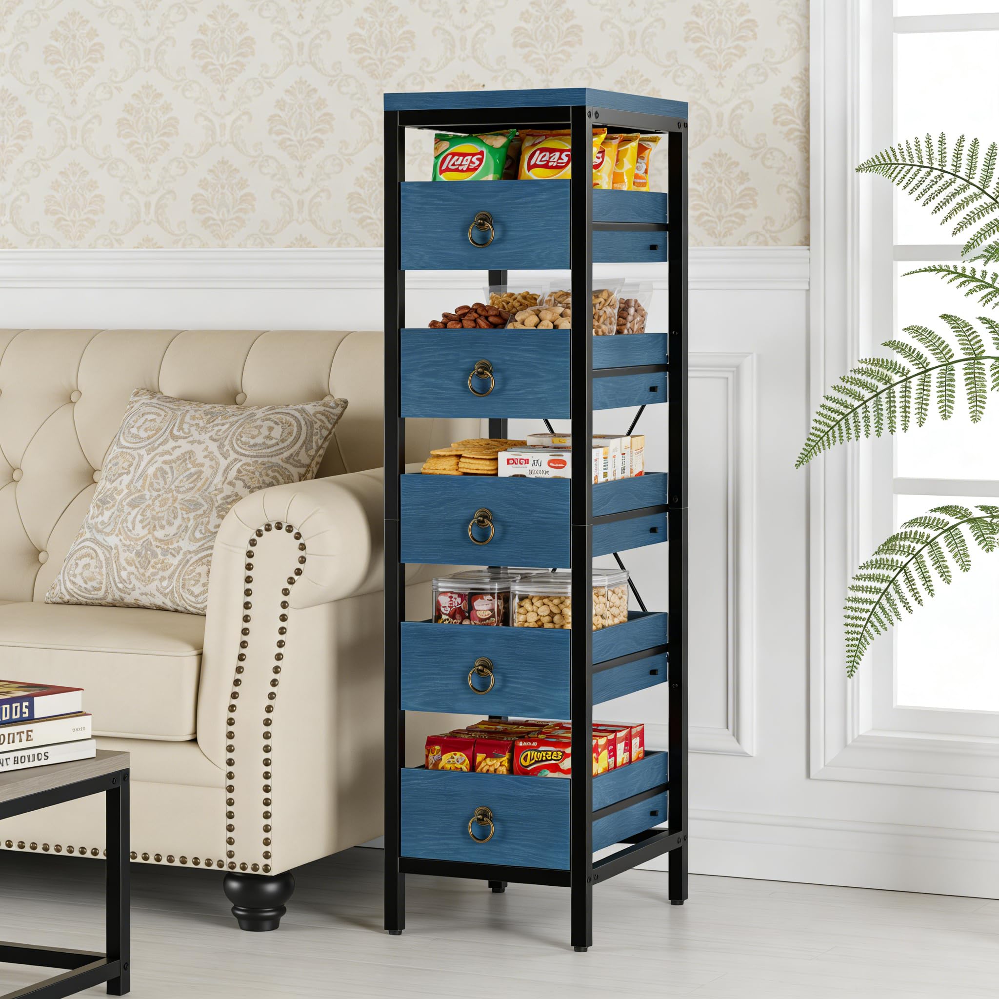 Garvee Kitchen Fruit Vegetable Storage Rack, 5-Tier Narrow Snack Fruit Display Stand with 5 Pull-Out Drawers Basket, Utility Organizer Standing Shelf