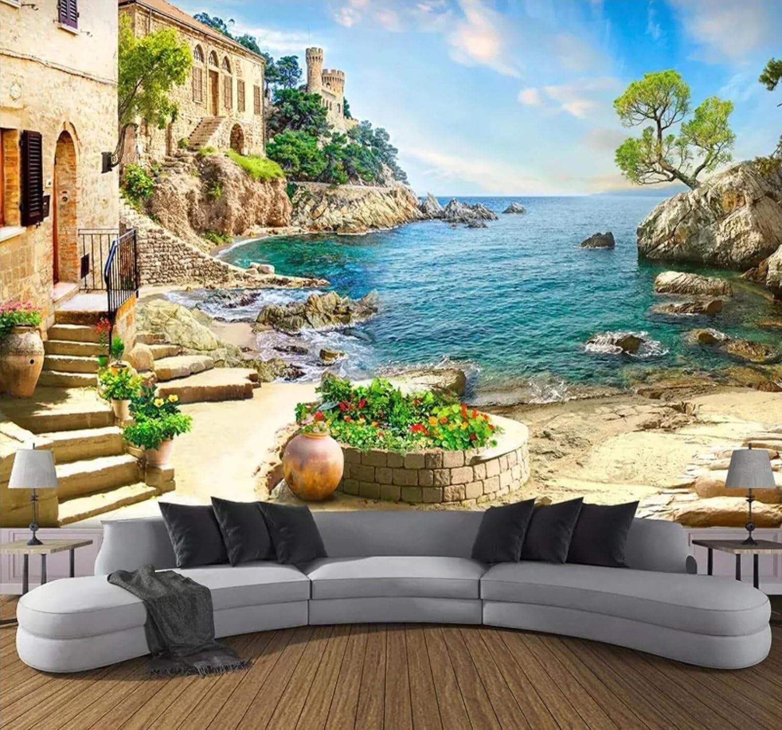 XLMING Beautiful Three Dimensional Castle Garden Seascape 3D Wallpaper Luxury Home Dining Decor Paste Sofa Living Room The Wall for Bedroom Mural-400cm×280cm
