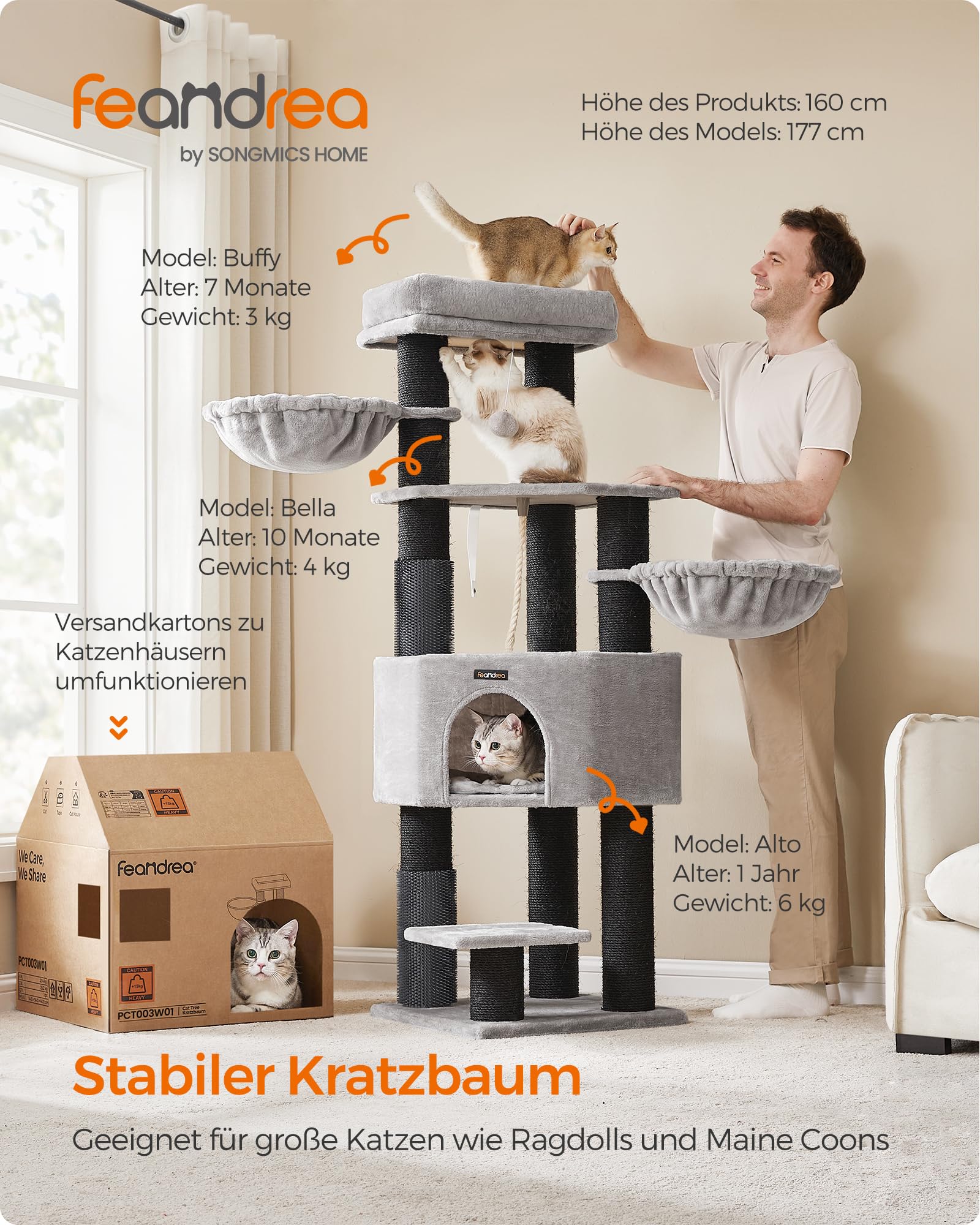 Feandrea Kratzbaum, mit warmen Decken, für große Katze, Katzenbaum, 2 Katzenbürsten, 11,1 cm d Dicke Stämme, große Plattformen, Höhle, 50 x 50 x 160 cm, Taubengrau-schwarz PCT003W01