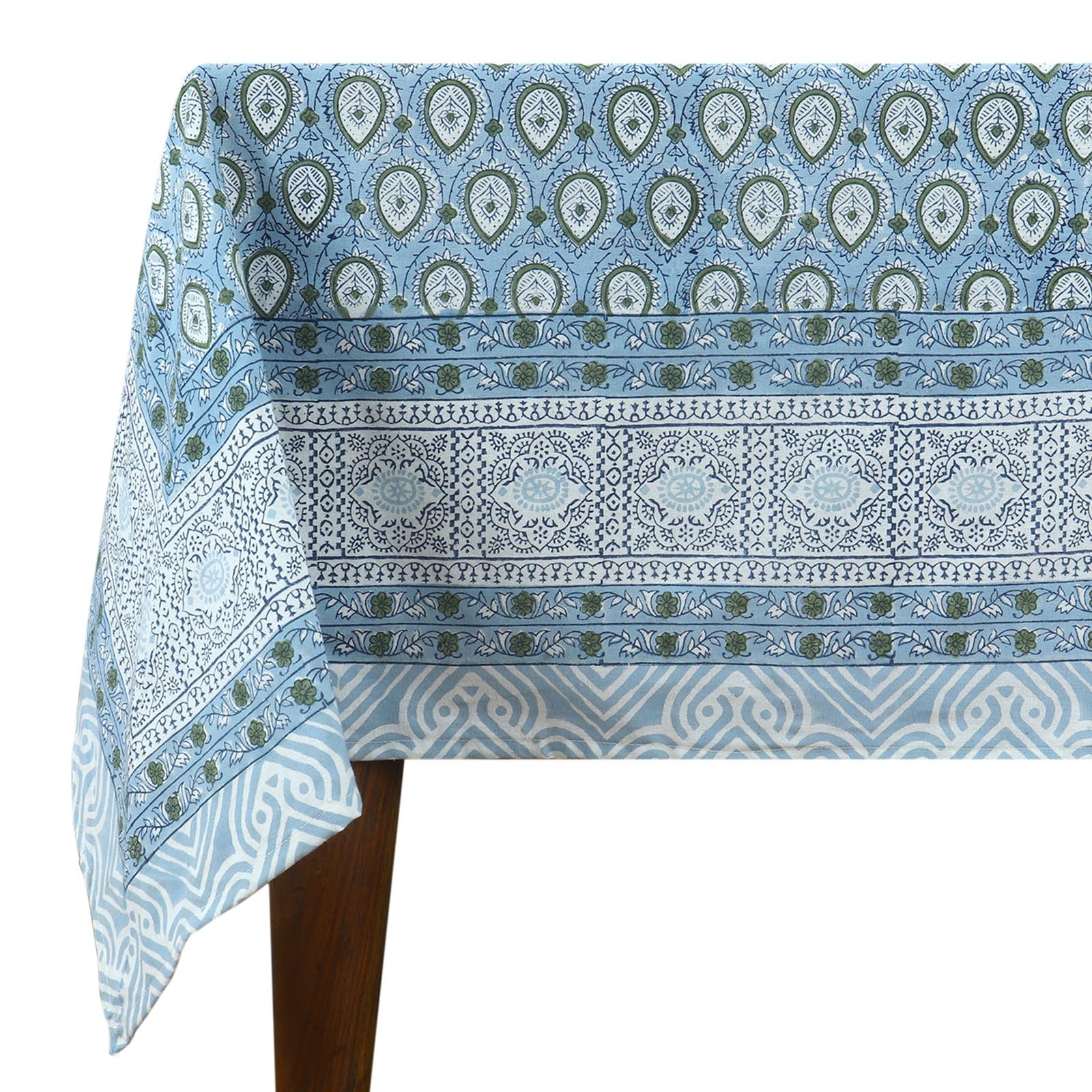 72x118 Inches Rectangle Hand Block Printed Cotton Tablecloth, Green Blue Floral Table Cloths Washable, Indian Table Linen For Dinning Home Decor Spring Autumn Outdoor Thanksgiving