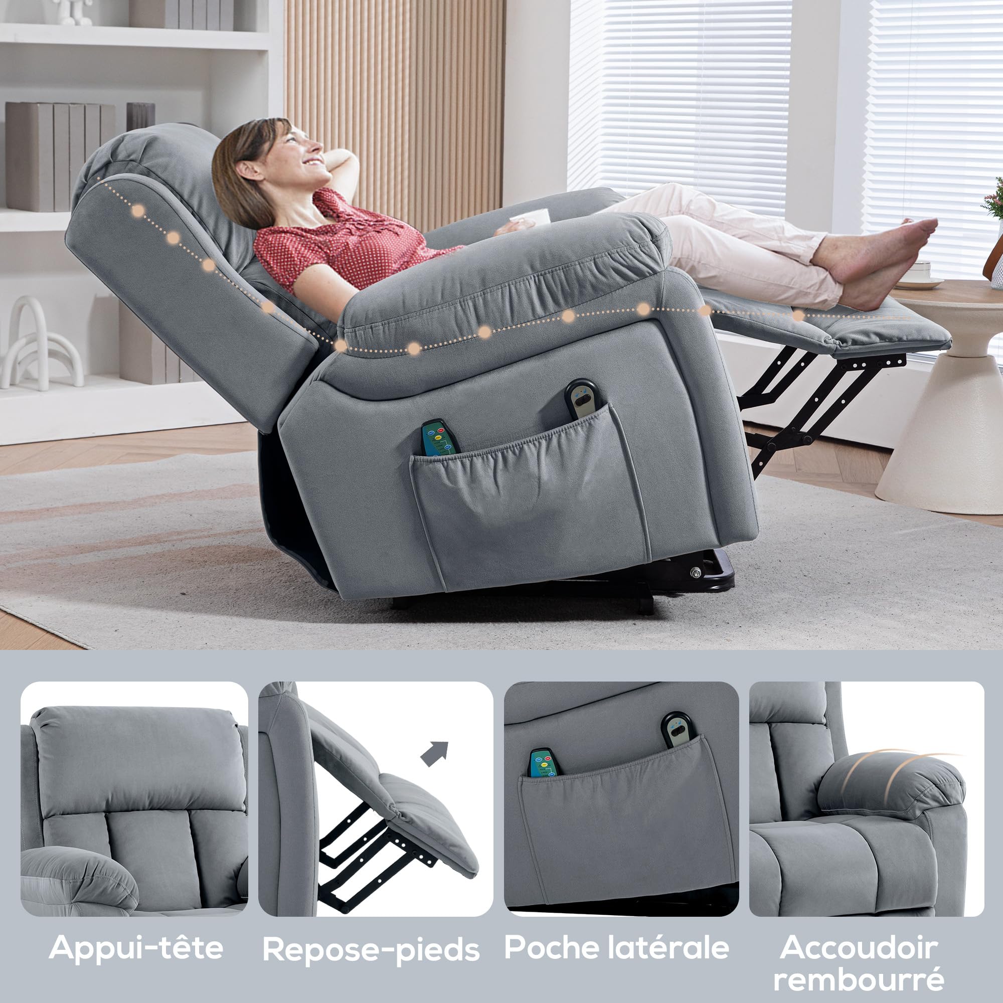 HOMCOM Fauteuil Relax électrique, Fauteuil électrique releveur, Massage et Chaleur, Inclinaison réglable, Assise Large, revêtement synthétique, Fauteuil Relaxant avec Repose-Pied, télécommandes, Gris