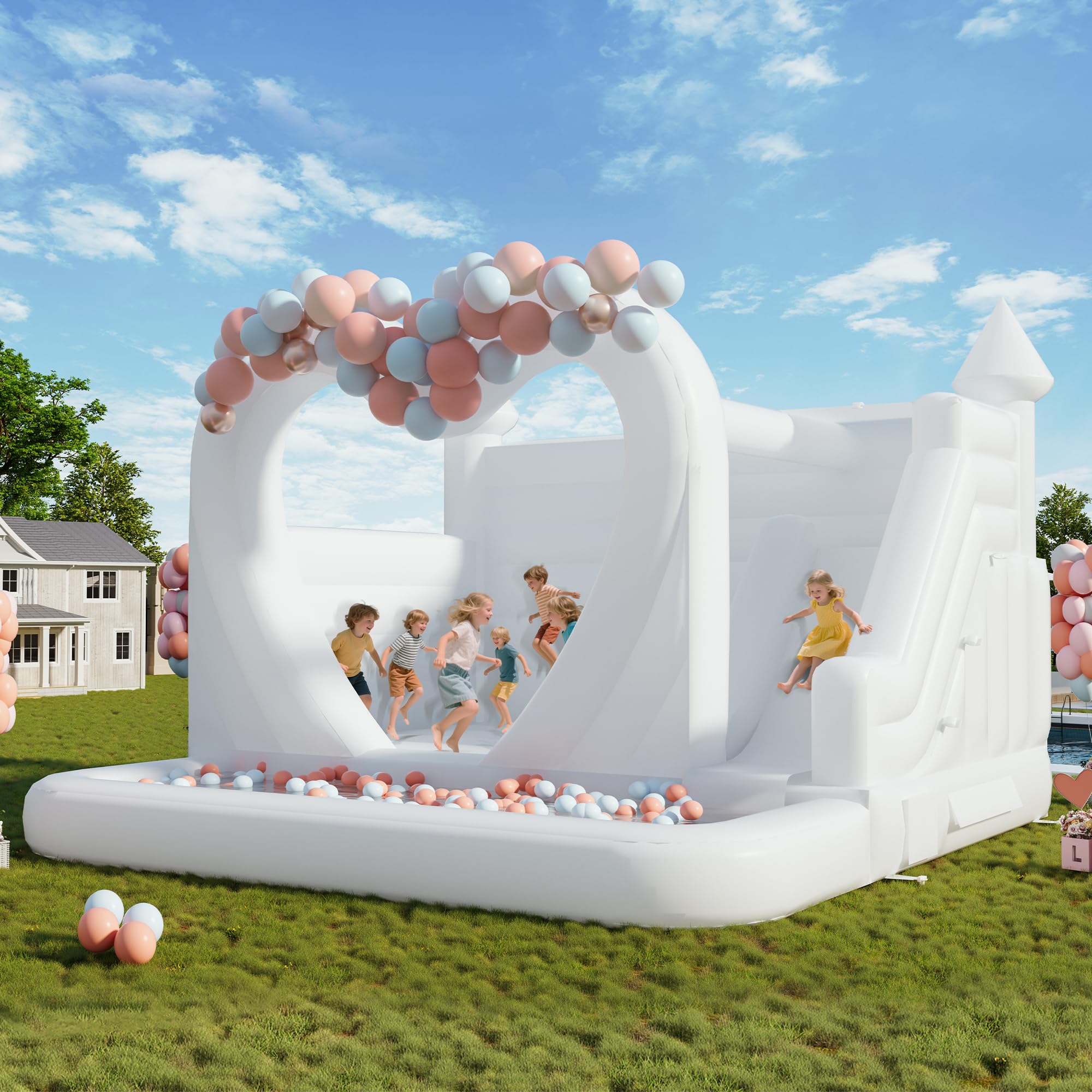 Albott 15.1x15.1x11.2 FT Commercial PVC Inflatable White Bounce House for Kids, Large White Castle Bounce House with Ball Pit, Slide, 1100w Blower & Higher Inflatable Wall for Wedding Birthday Party